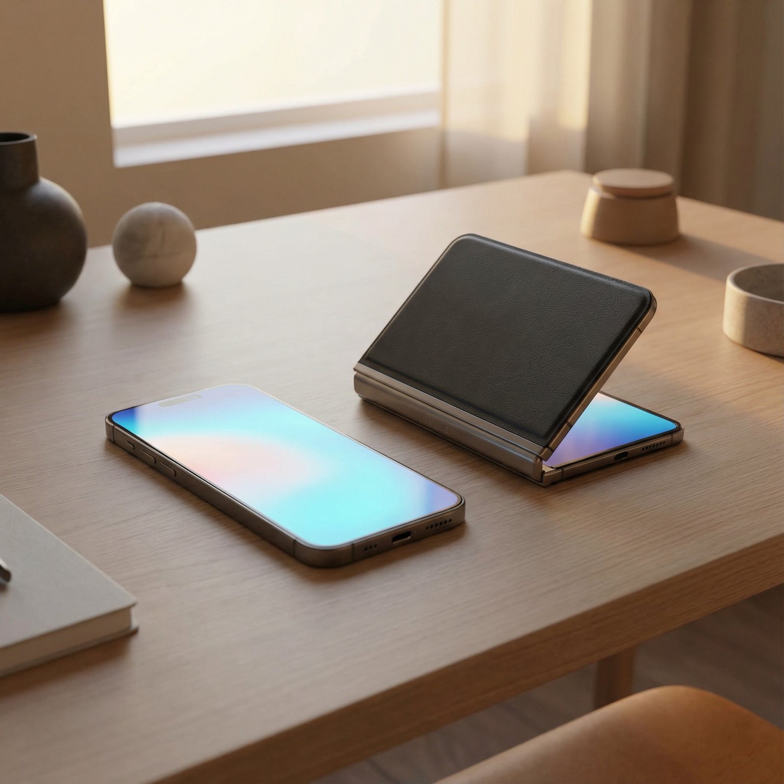 A modern, sleek iPhone 18 Pro and a sophisticated foldable iPhone concept, displayed side-by-side on a clean, professional desk. The background has soft, warm lighting. No visible text, 1:1 aspect ratio.