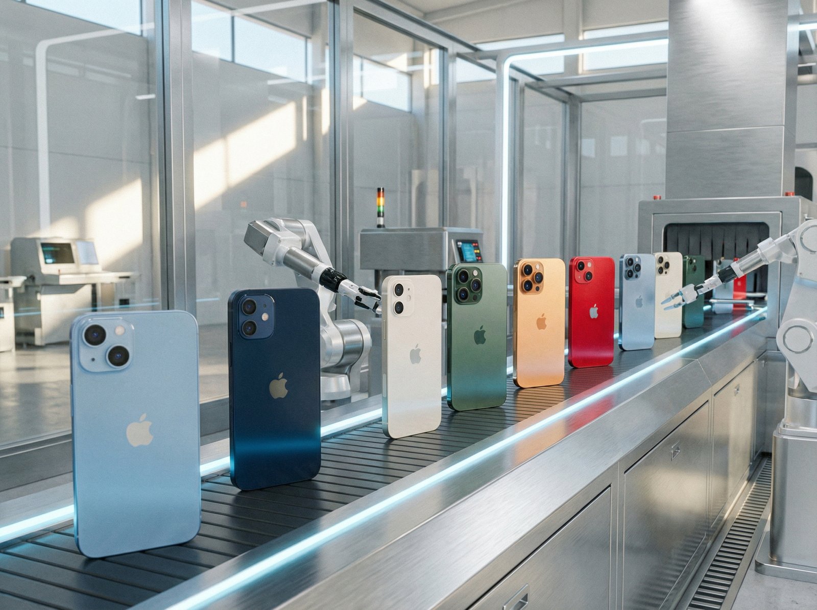 A conceptual image showing multiple diverse iPhone models in different colors and sizes, arranged on a seamless production line, illustrating efficiency and variety. The background has a clean, industrial feel. No visible text, 4:3 aspect ratio.