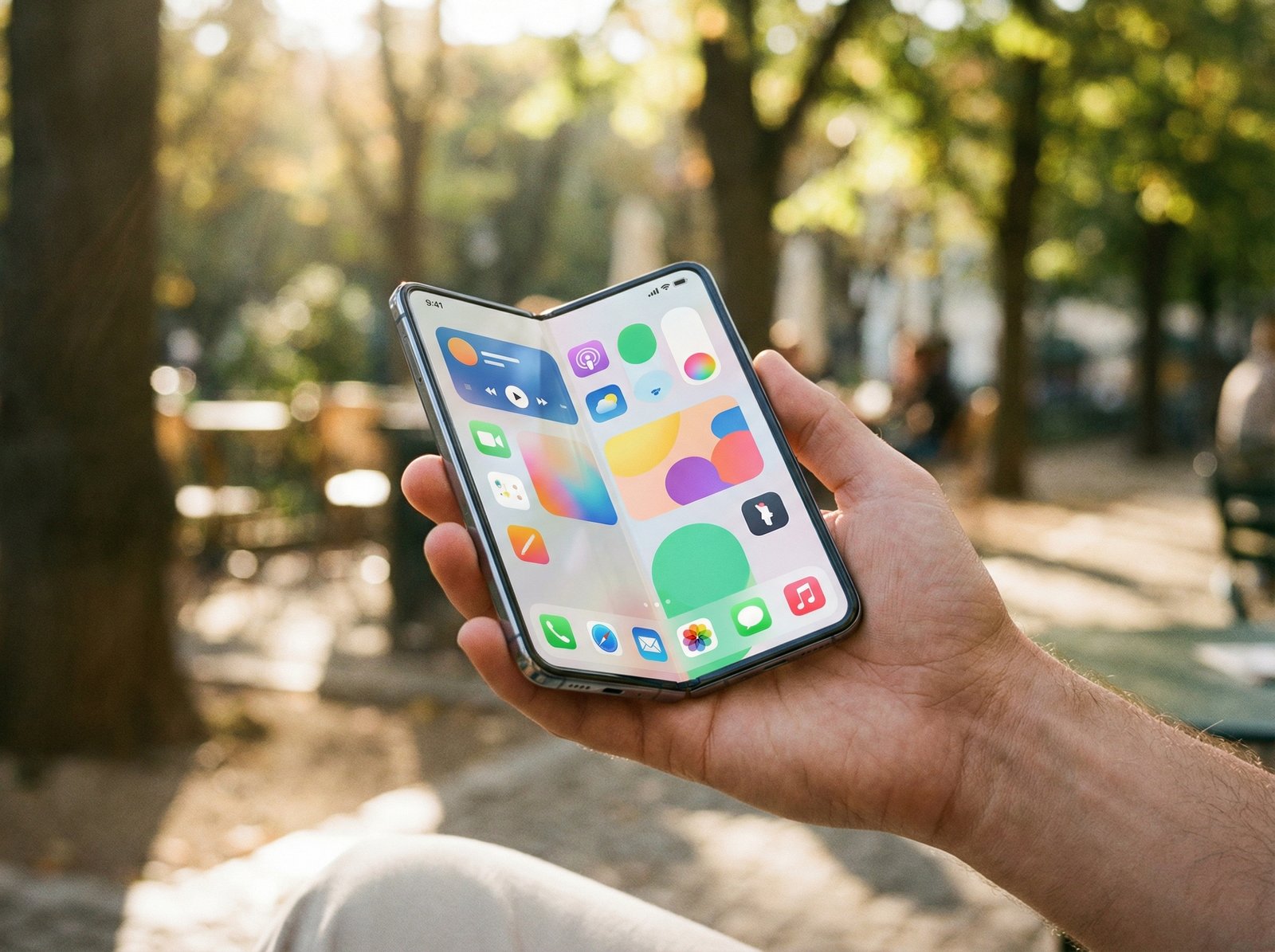 A sleek, modern foldable iPhone mockup in a human hand, with a vibrant, clean user interface. Lifestyle photography style, warm lighting, natural setting. No visible text. Aspect ratio 4:3.
