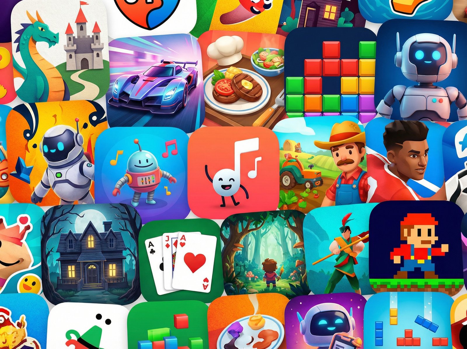 A dynamic, colorful collage of several new Apple Arcade game titles, each represented by a small, appealing graphic or icon. The overall composition is playful and energetic, suggesting a variety of gaming experiences. Informational style, high contrast, no visible text, 4:3 aspect ratio.