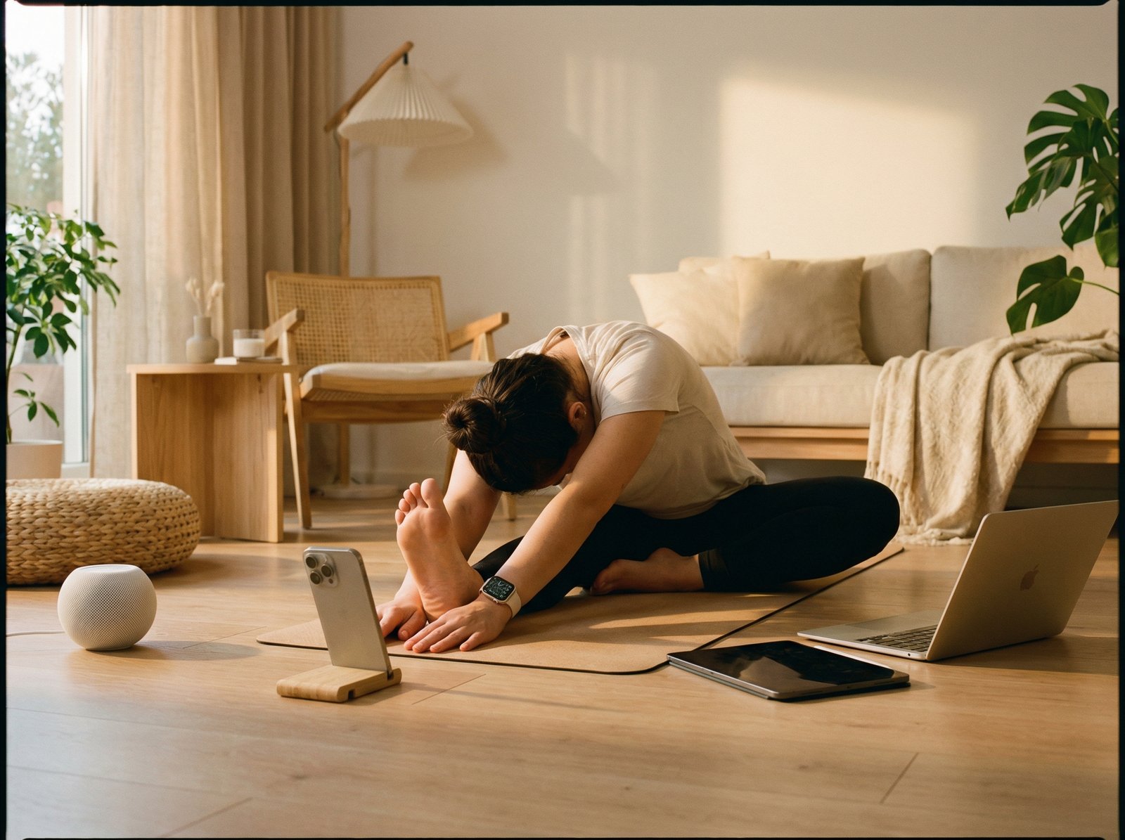 A person doing light exercise at home, surrounded by Apple devices like an iPhone and Apple Watch, modern clean aesthetic, warm lighting, no visible text, aspect ratio 4:3