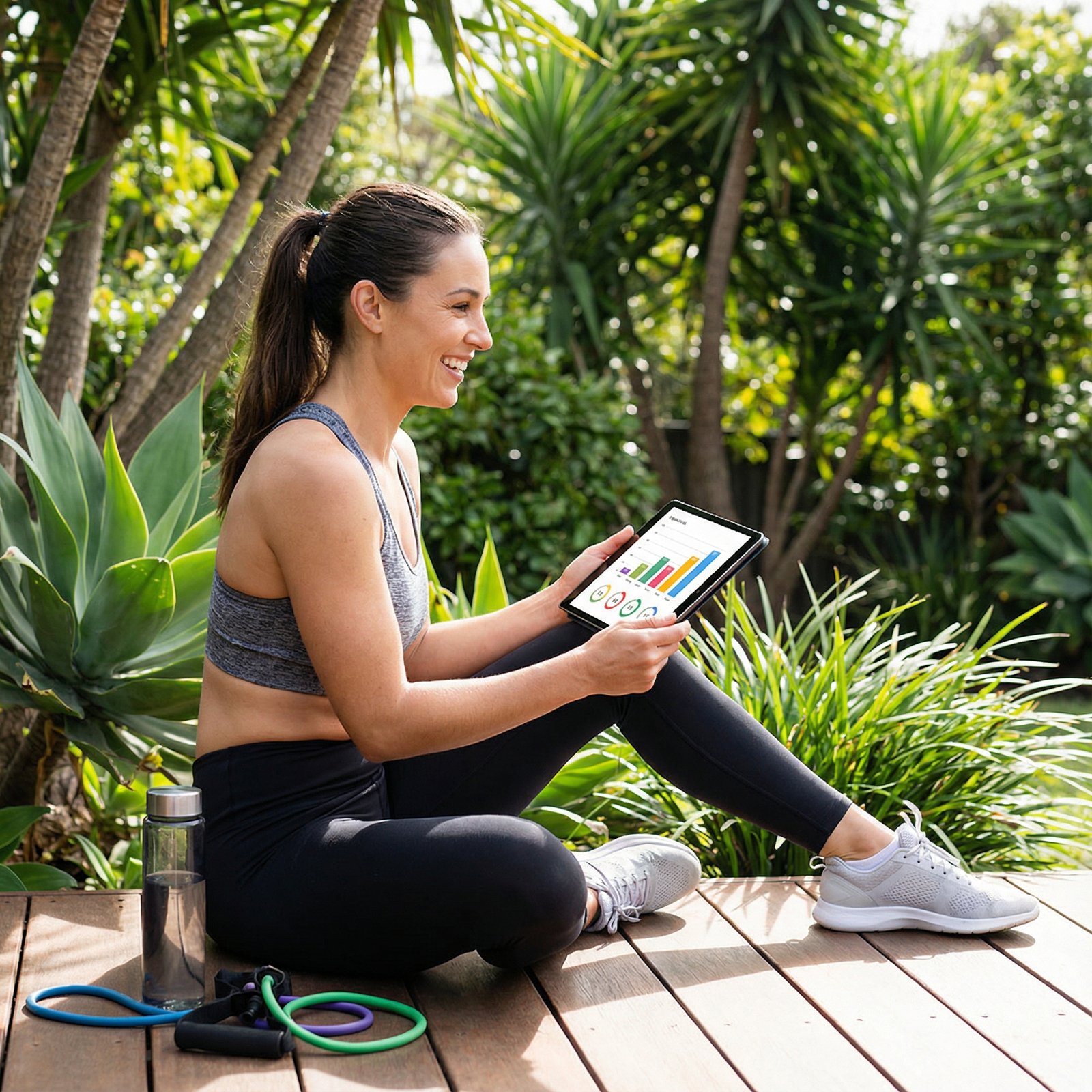 A person happily engaging in a multi-week fitness program on an iPad, showing progress tracking, lifestyle photography, natural setting, no visible text, aspect ratio 1:1