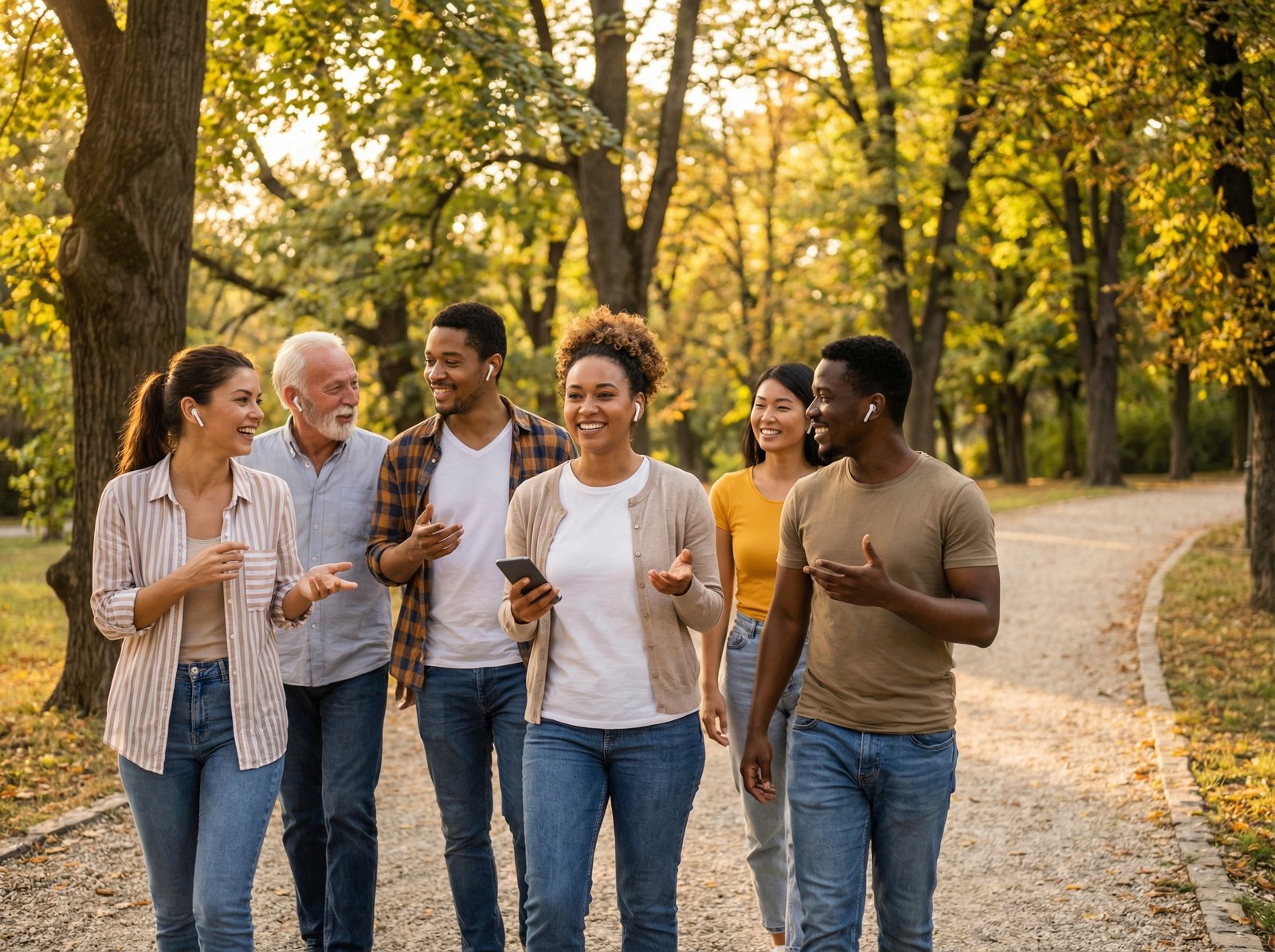 Diverse group of people enjoying a walk outdoors with AirPods, listening to a podcast, serene park setting, warm lighting, no visible text, aspect ratio 4:3