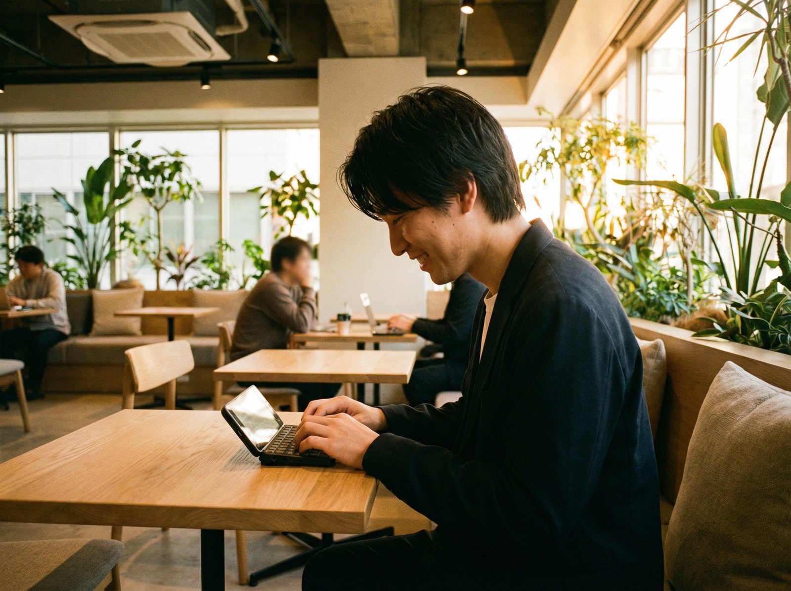 A person in a modern cafe or office, focused on typing on a small communication-focused device. They appear productive and undistracted. Warm lighting, natural setting. No visible text. Aspect ratio 4:3.