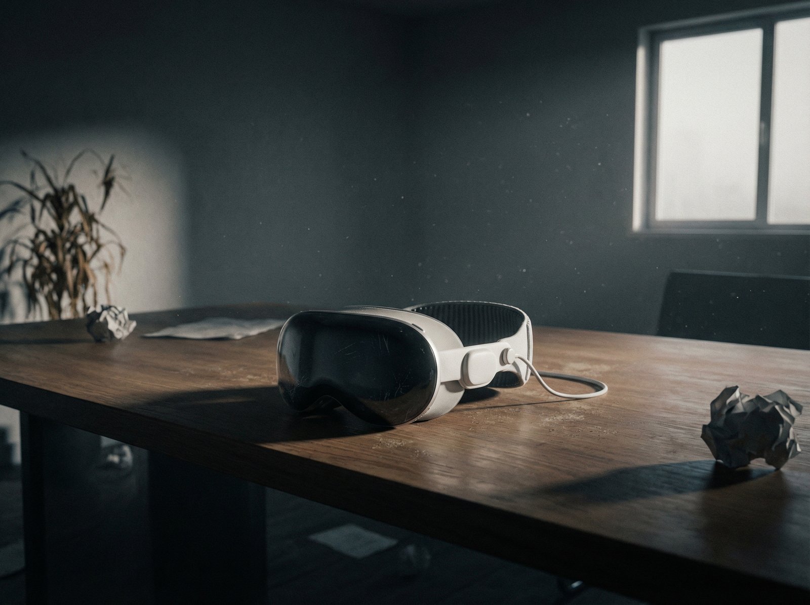 A futuristic virtual reality headset (Apple Vision Pro-like, but no Apple logo) lying unused on a modern desk, surrounded by empty space. The scene conveys a sense of abandonment and low consumer interest. Lighting is dim, emphasizing the device's isolation. Aspect ratio 4:3, no visible text.