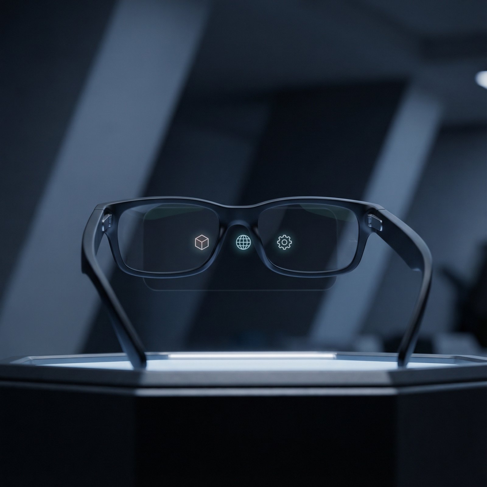 A futuristic augmented reality headset (Apple Vision Pro-like, no Apple logo) displaying a very sparse app interface with only a few simple, generic icons. The background is a dim, futuristic room. The image should convey a sense of emptiness and lack of diverse applications. Aspect ratio 1:1, no visible text.