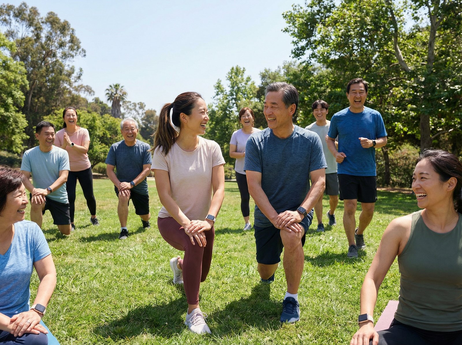A diverse group of people, Korean appearance, happily exercising outdoors, wearing Apple Watches. Bright, balanced lighting, natural setting, lifestyle photography style, full frame, centered focus, no visible text, aspect ratio 4:3.