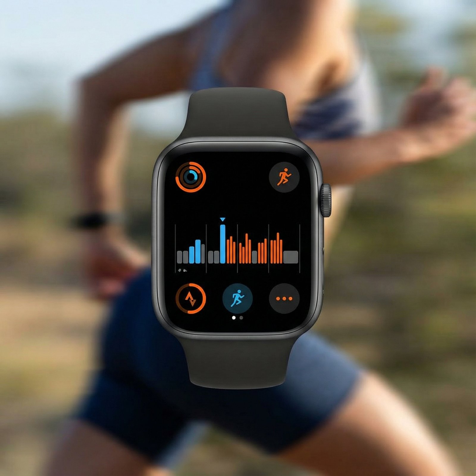 A close-up of an Apple Watch screen displaying the Strava app interface, showing a workout being logged. The background is a blurred image of someone actively exercising. Modern, high contrast, clean infographic style, full frame, centered focus, no visible text, aspect ratio 1:1.