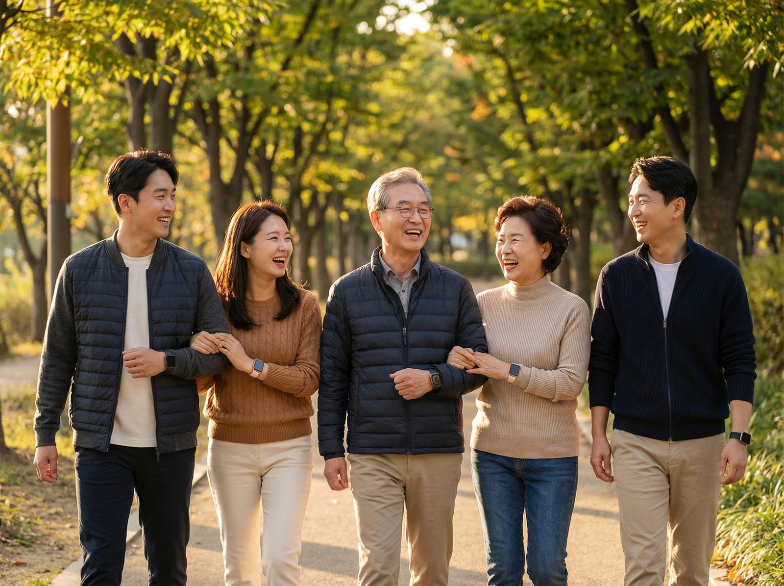 A diverse group of Korean individuals, natural expressions, enjoying a walk outdoors in a park-like setting, each wearing an Apple Watch. Warm lighting, lifestyle photography, full frame, centered focus, no visible text, aspect ratio 4:3.