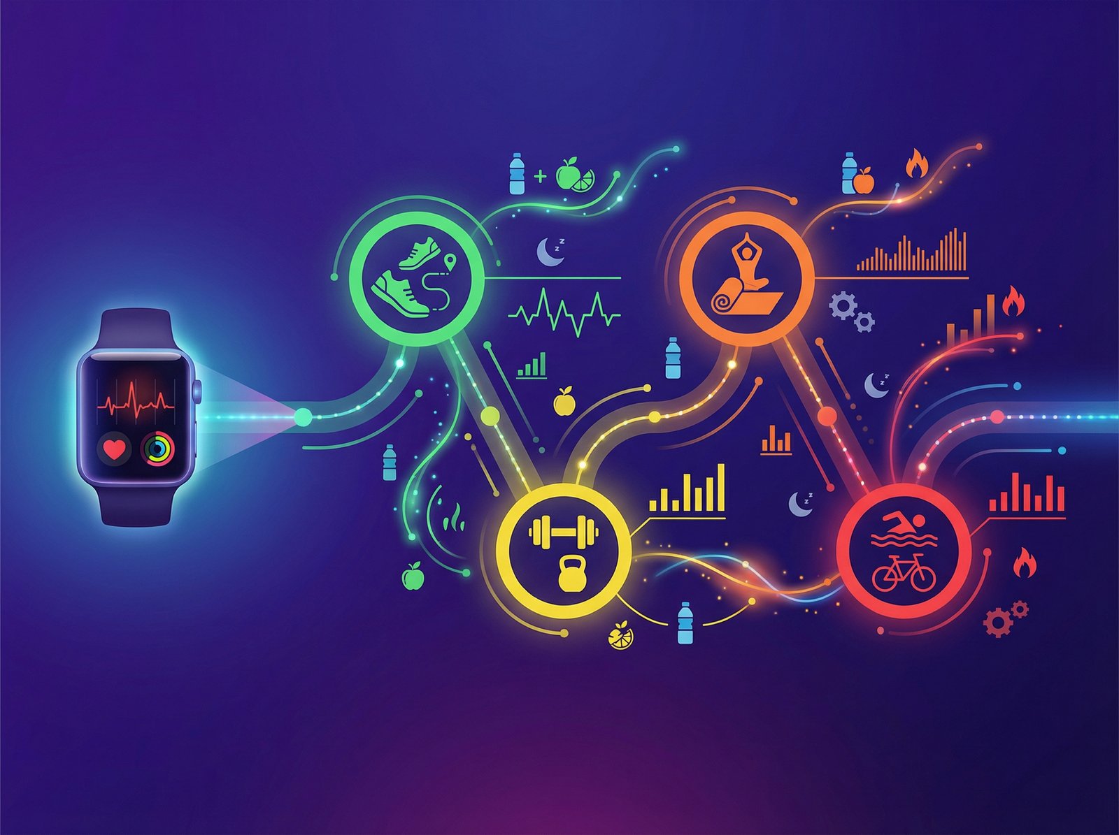 A clean infographic with modern layout, showing various fitness icons and an Apple Watch, illustrating data points on sustained exercise habits over months. High contrast, colored background, visually rich, no visible text, aspect ratio 4:3.