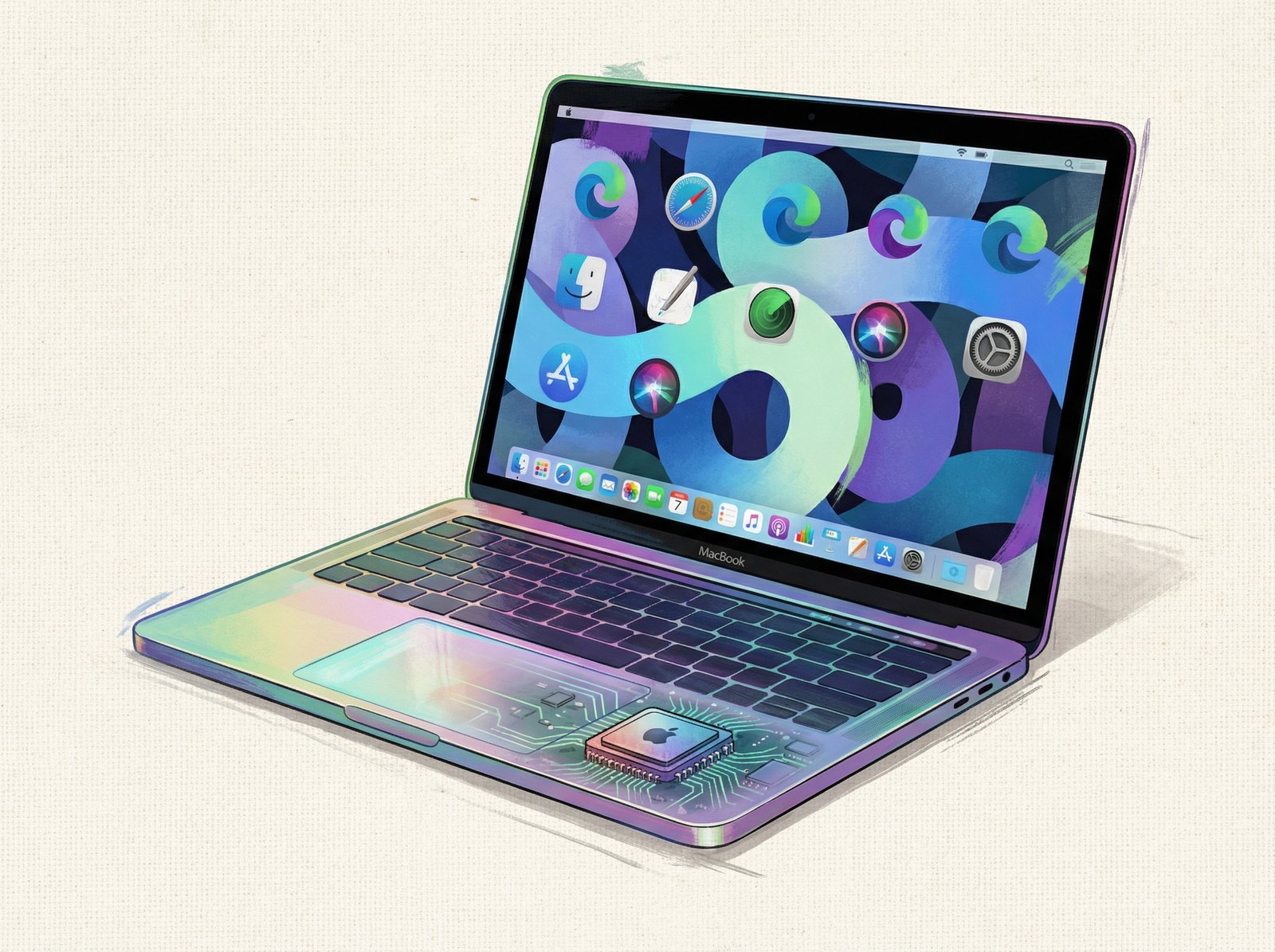 A creative illustration showing a thin, colorful MacBook with an iPhone chip visibly integrated into its design. The MacBook screen displays a vibrant macOS interface. The style should be modern and slightly artistic, with a textured background. No visible text. 4:3 aspect ratio.