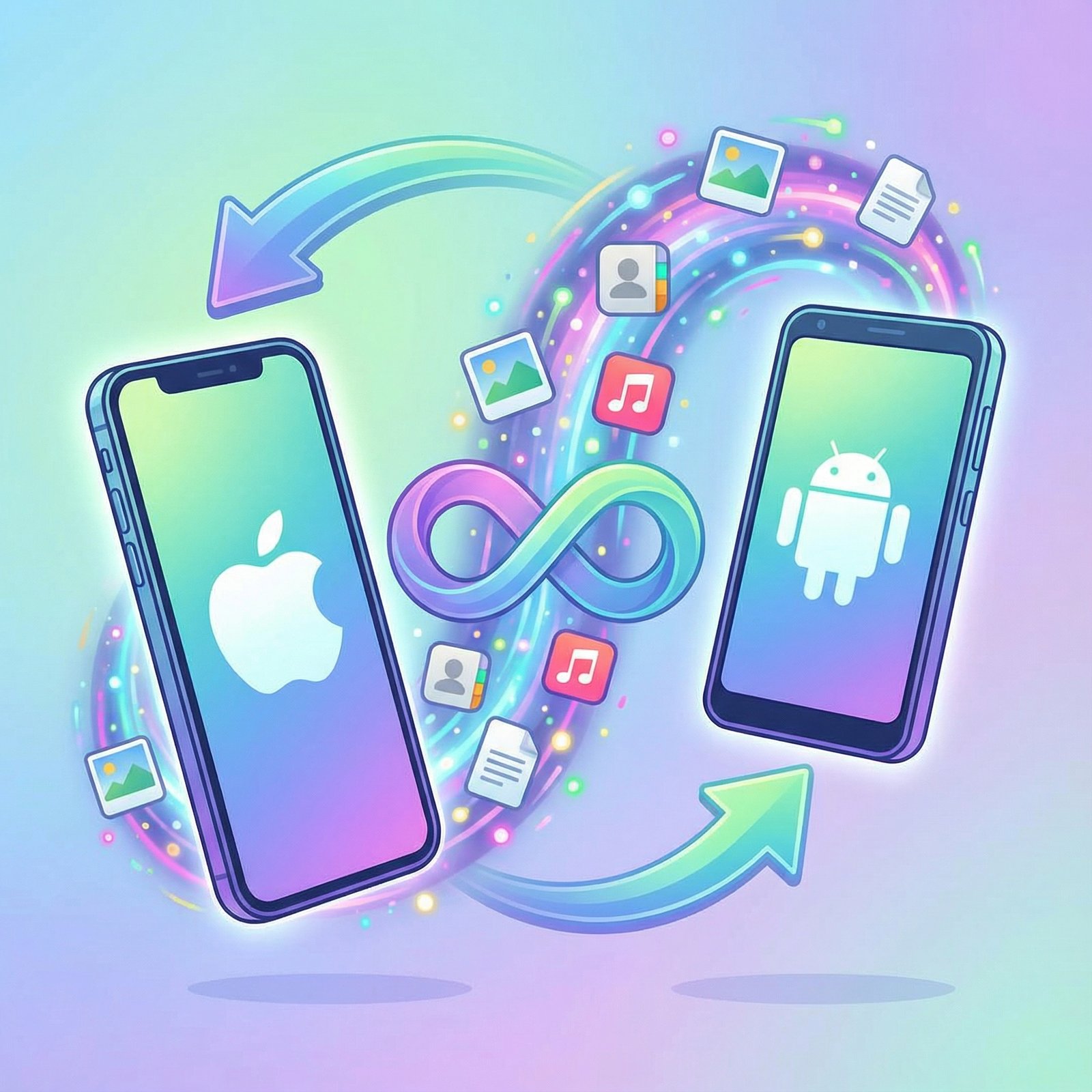 A vibrant, clean infographic showing an iPhone and an Android phone exchanging data seamlessly. Arrows indicate data flow between devices. The background is a light, modern gradient. No visible text. 1:1 aspect ratio.