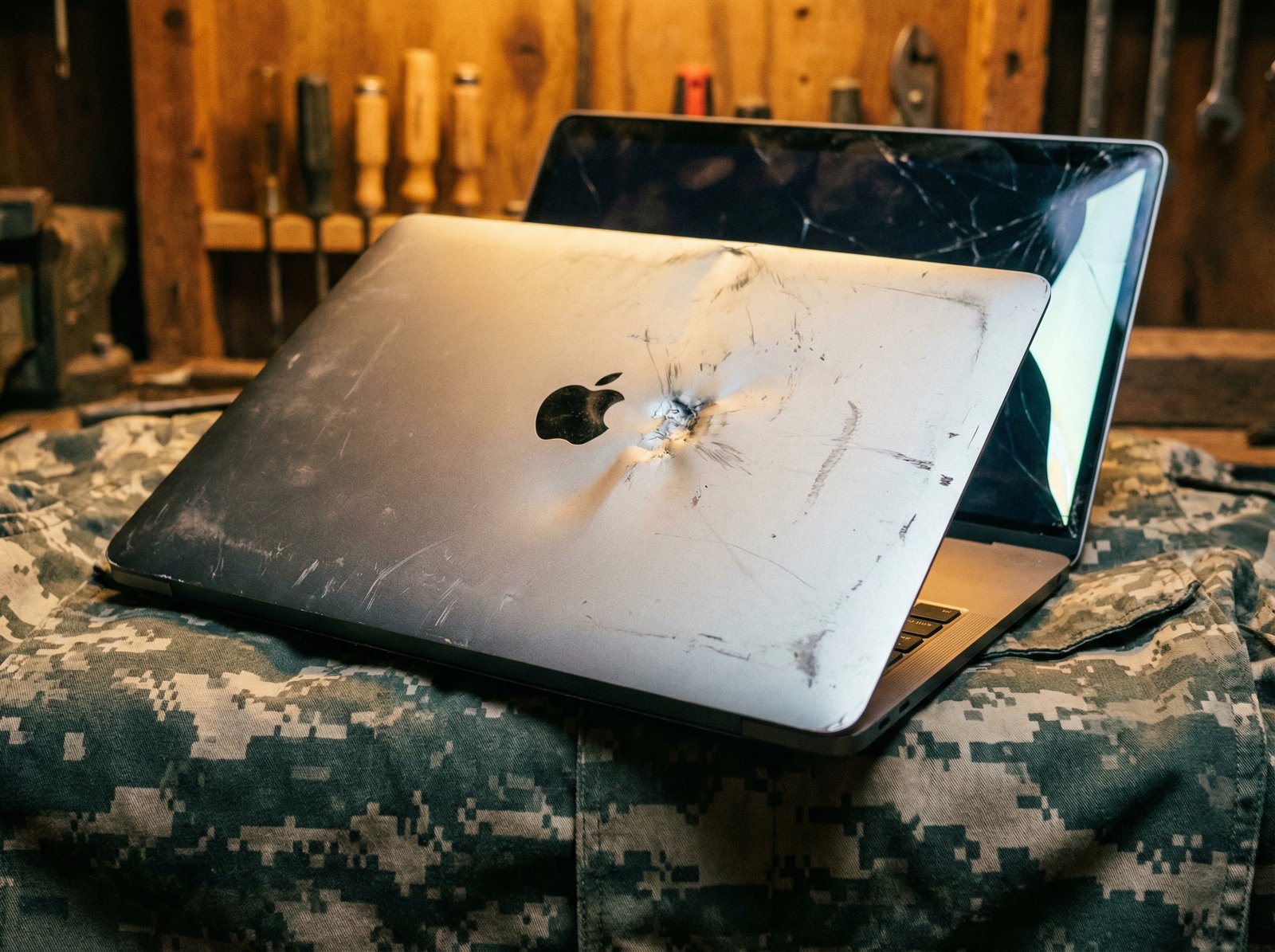A damaged M1 MacBook Air with a visible impact mark, surrounded by a subtle digital camouflage pattern in the background. The scene should convey resilience and durability. No visible text. Aspect ratio 4:3.