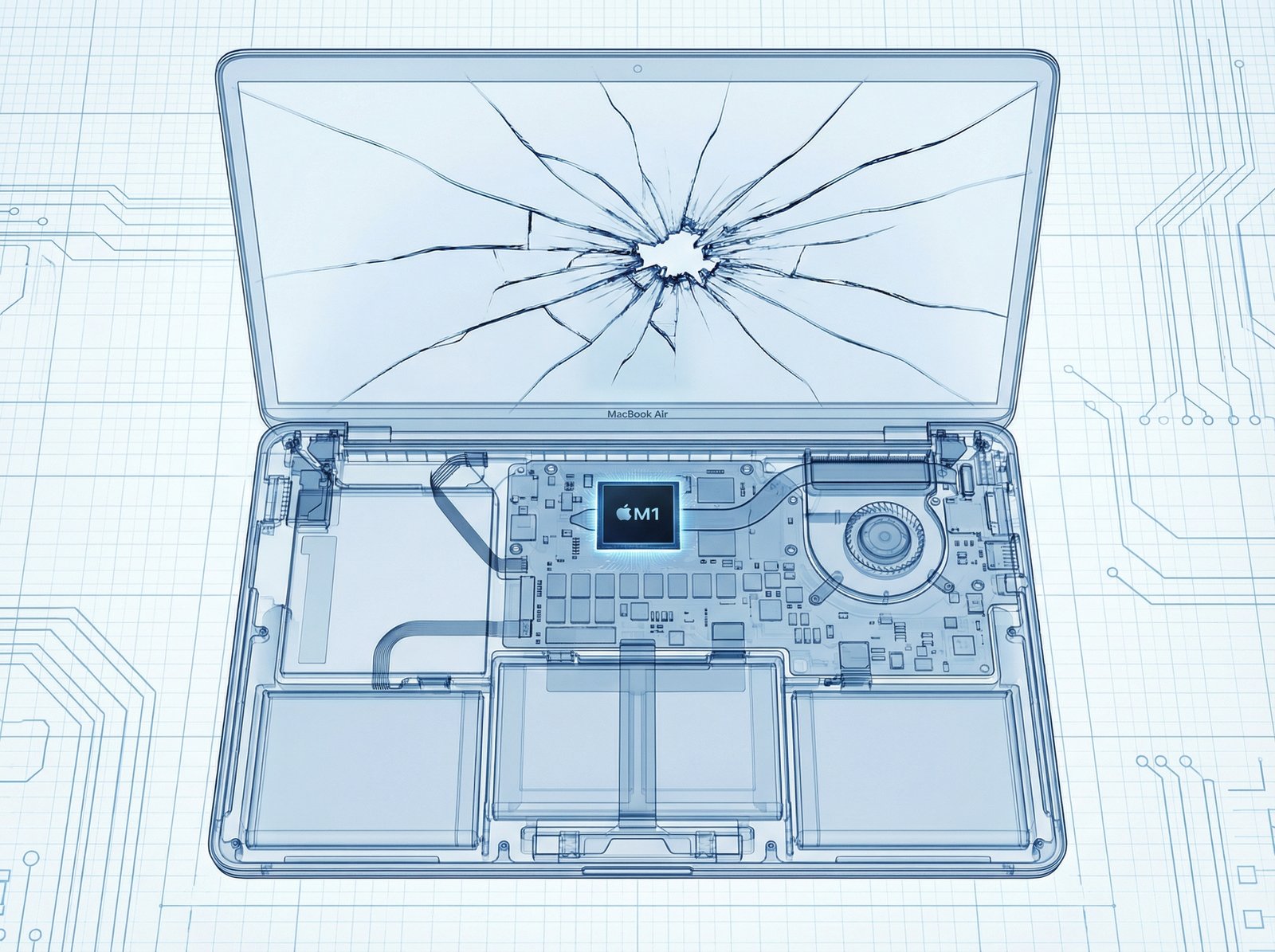 An X-ray or schematic view of a MacBook Air with a visible crack on the screen, showing the internal components like the M1 chip and logic board are still intact and functional despite the external damage. Clean informational style. No visible text. Aspect ratio 4:3.
