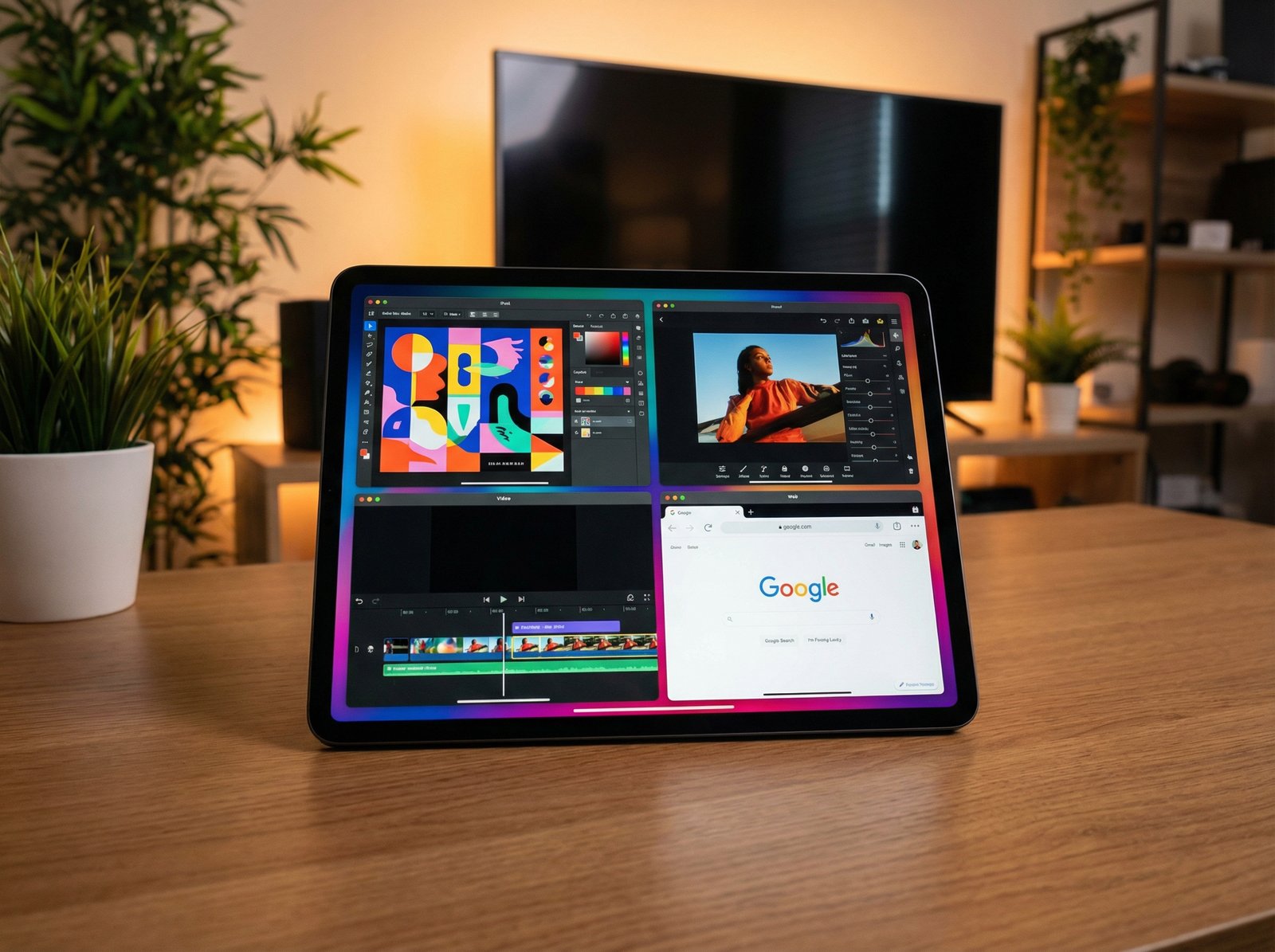A modern iPad Pro displaying a multi-window multitasking interface, with several apps open in resizable windows, vibrant colors, clean and sleek design. In a modern office setting, warm lighting, aspect ratio 4:3, no visible text, no Korean text.