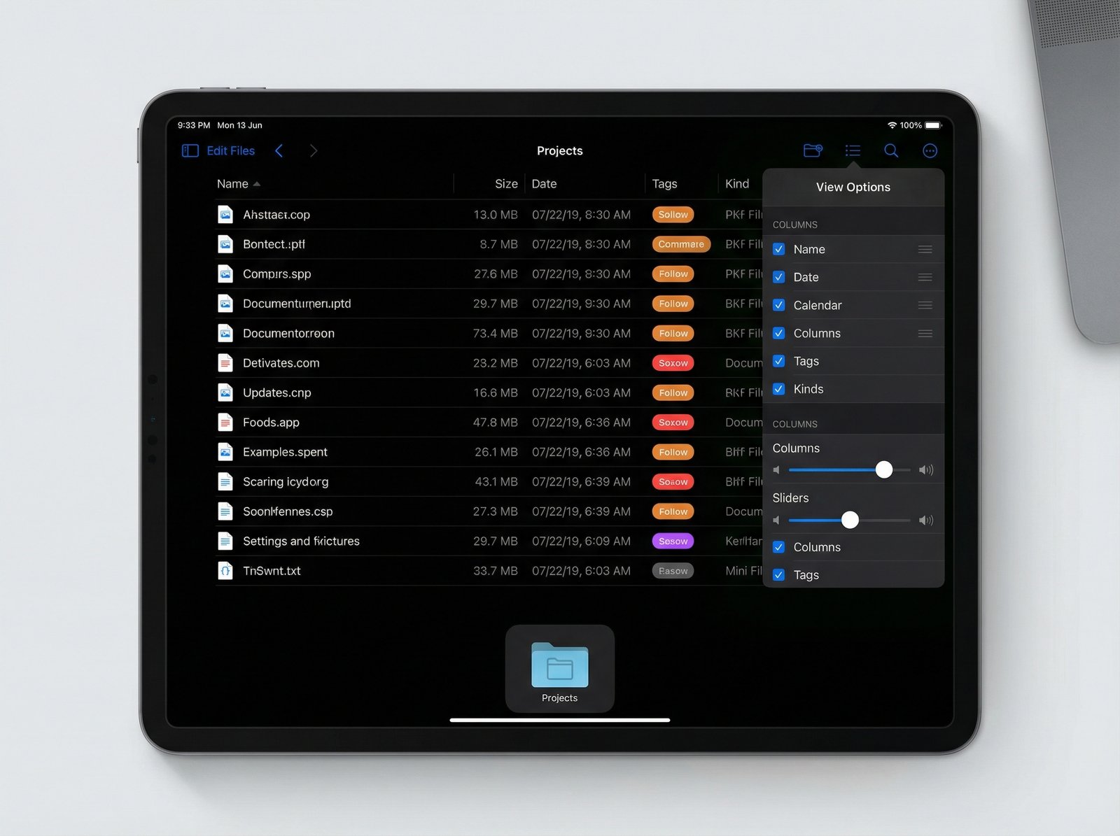 An iPad screen showing the redesigned Files app, with customizable column views and a folder icon pinned to the dock. The interface is clean and informative, reflecting a desktop-class file manager. Modern, high contrast, aspect ratio 4:3, no visible text, no Korean text.