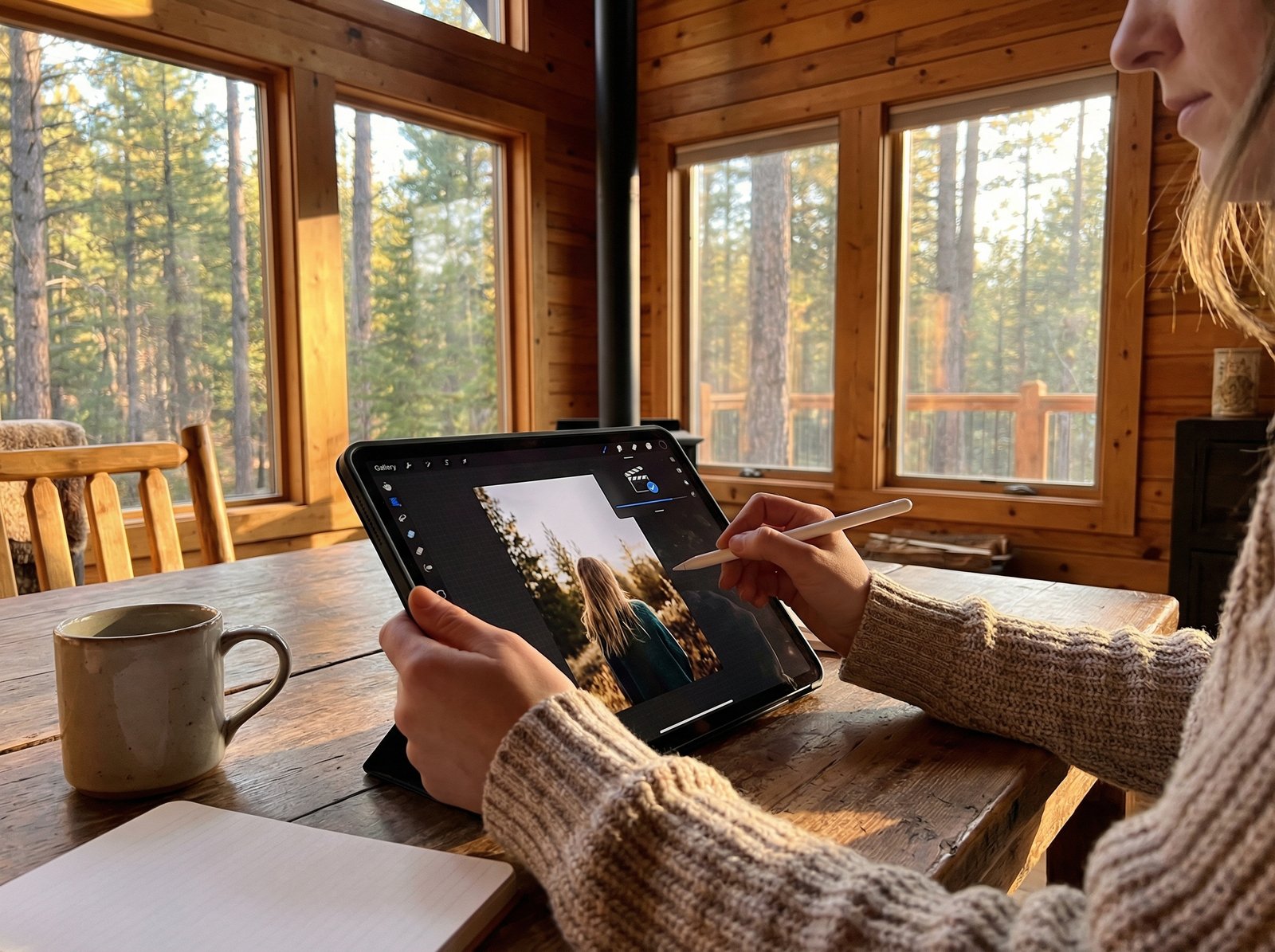 A person using an iPad for video editing, with one app (e.g., Lumafusion) running a video export in the background, indicated by a subtle progress bar or notification, while another app (e.g., for thumbnail editing) is actively used in the foreground. Lifestyle photography, natural setting, warm lighting, aspect ratio 4:3, no visible text, no Korean text.