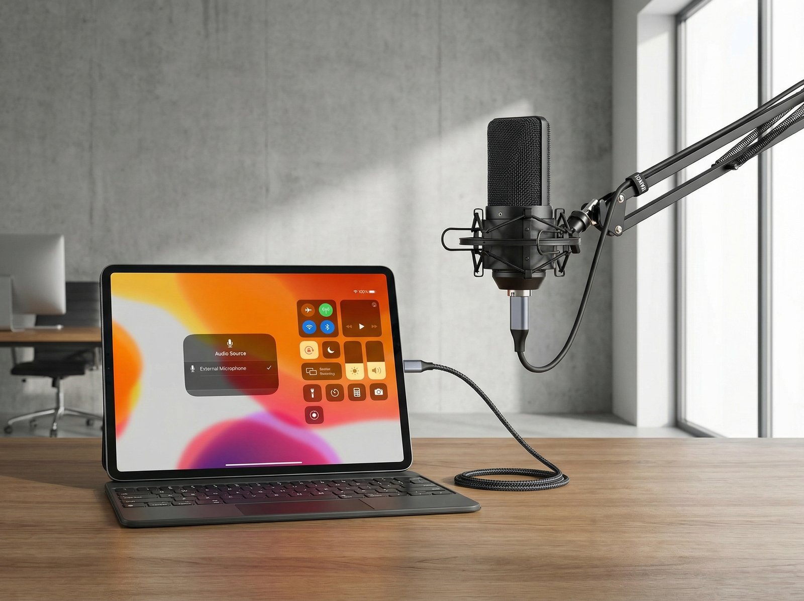 An iPad connected to an external microphone, with the Control Center open on the screen, specifically showing the audio source selection interface. Clean, modern design, professional setting, aspect ratio 4:3, no visible text, no Korean text.