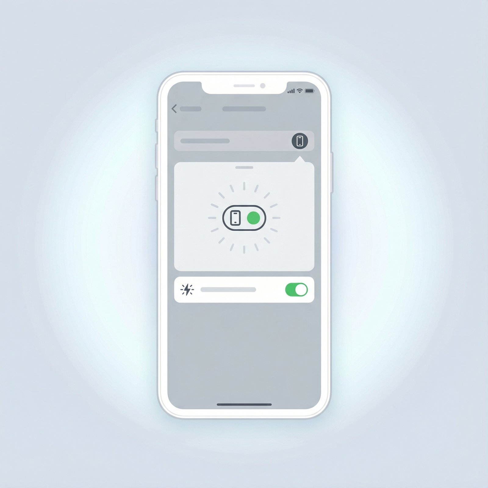 An iPhone screen showing the 'Flash for Alerts' setting with 'Screen' option toggled on, accessibility menu, clear UI, a subtle screen flash effect in the background, clean infographic style, 1:1 aspect ratio, no visible text, no Korean text