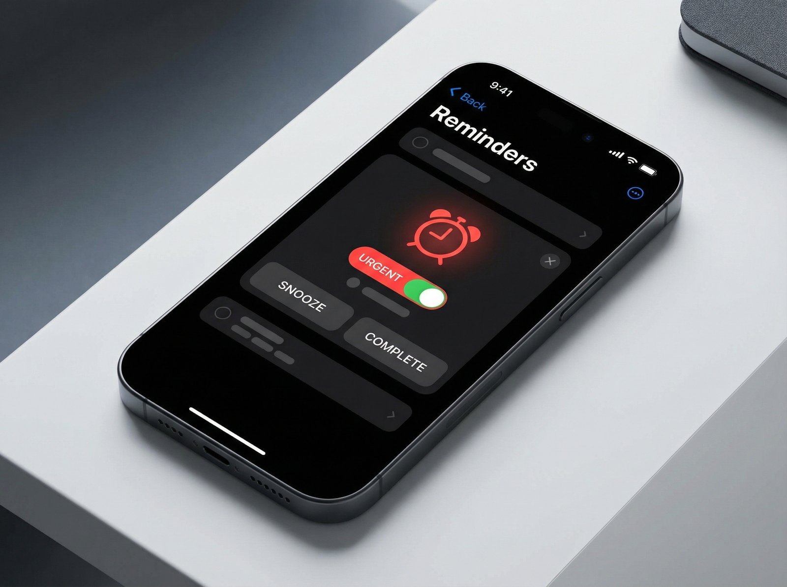 An iPhone displaying the Reminders app, showing a reminder with an 'Urgent' toggle enabled, an alarm icon, and options like 'Snooze' and 'Complete', modern and clean UI, high contrast, 4:3 aspect ratio, no visible text, no Korean text