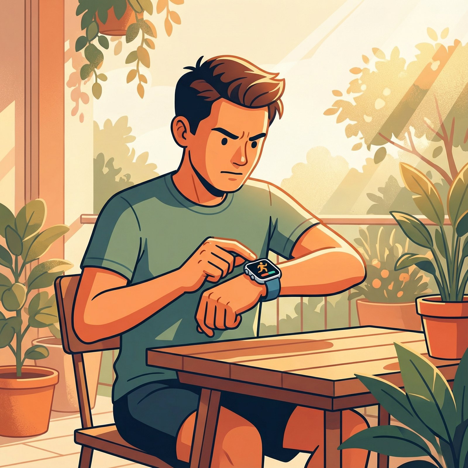 A person setting up a new year's fitness resolution on their Apple Watch, with a determined expression. Modern, clean infographic style, warm lighting, natural setting, 1:1 aspect ratio, no visible text.