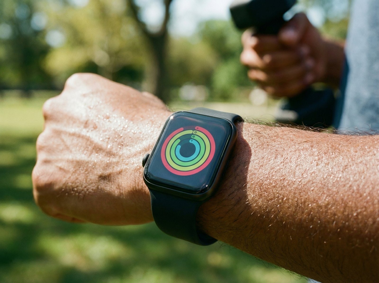 A close-up shot of an Apple Watch showing completed activity rings, with a person's arm in the background actively exercising. Lifestyle photography, bright and balanced lighting, 4:3 aspect ratio, no visible text.