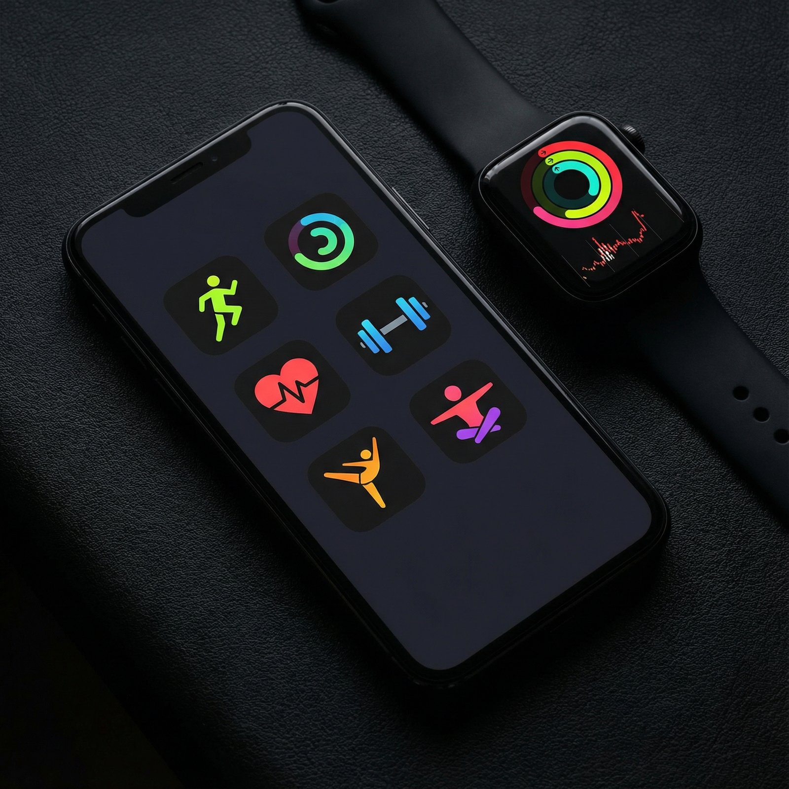 A collection of fitness apps displayed on a smartphone screen, with an Apple Watch next to it showing exercise data. Modern, clean layout, high contrast, 1:1 aspect ratio, no visible text.