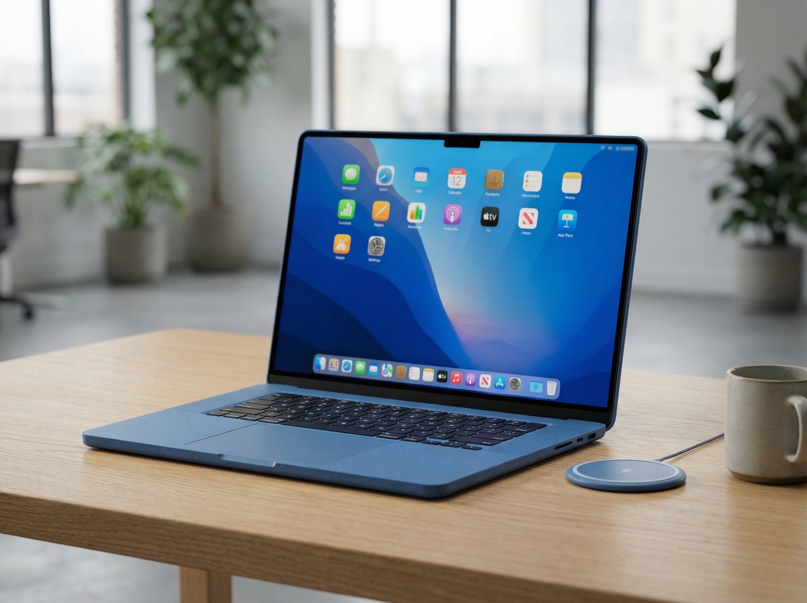 A sleek, futuristic, low-cost MacBook concept design in a vibrant blue color, open on a modern desk with a subtle, blurred background. The screen displays a macOS desktop. The overall aesthetic is clean and modern. aspect ratio 4:3, no visible text