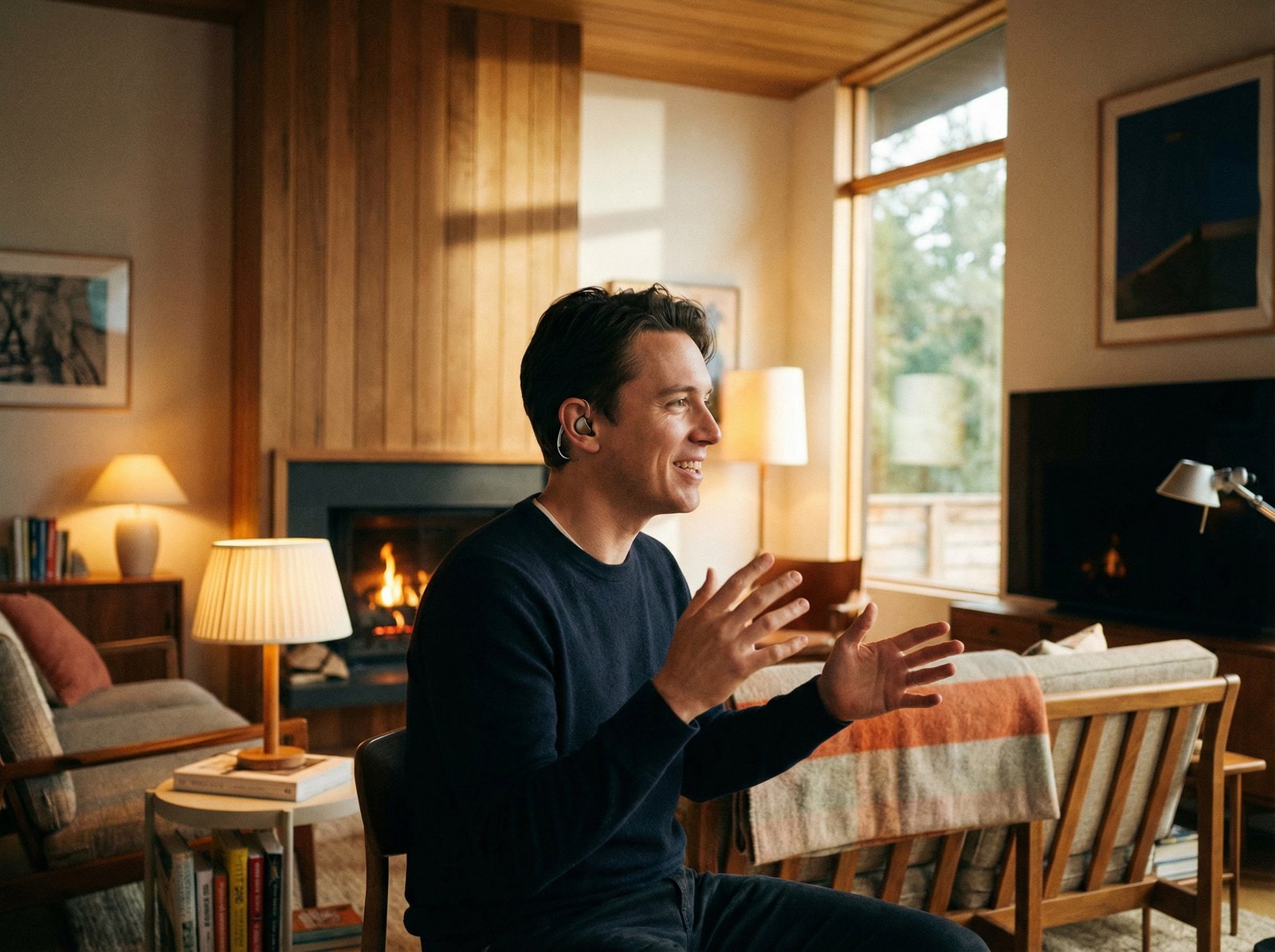 A person in a modern living room, naturally conversing with an unseen AI, gestures indicating a fluid dialogue, subtle earpiece visible, warm lighting, 4:3 aspect ratio, no visible text.