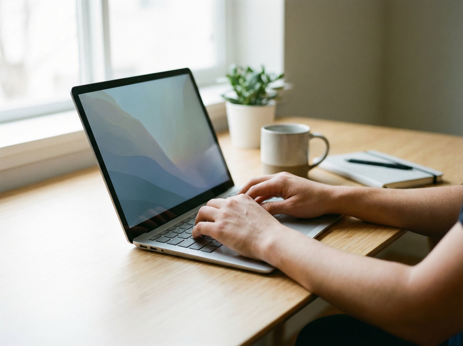 A person's hands typing on a slim, modern laptop with a minimalist desk setup, soft, natural light coming from a window, focusing on productivity and ease of use. Aspect ratio 4:3, no visible text.
