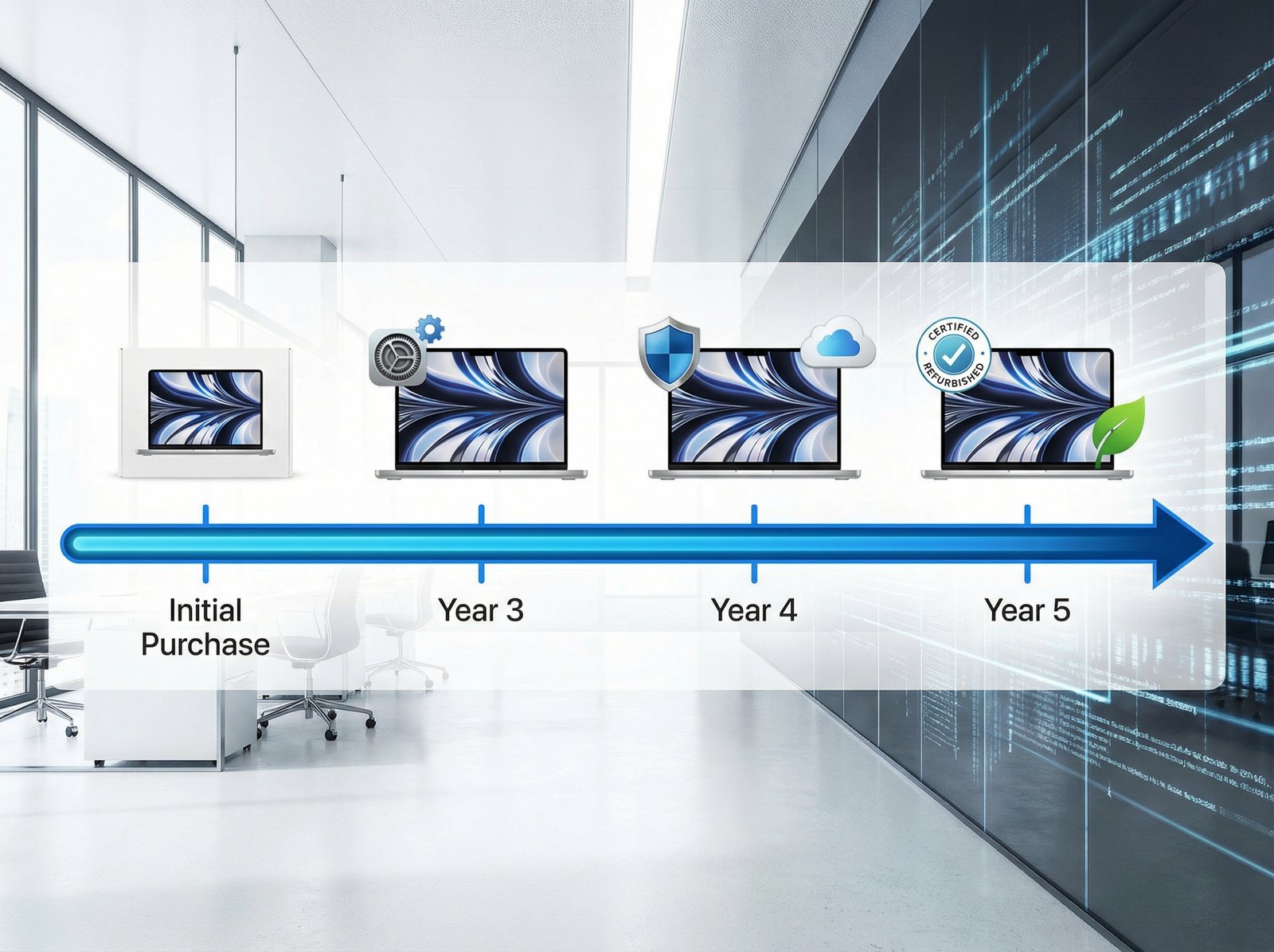 A professional and clean infographic illustrating the extended lifespan of Macs in an enterprise setting, with a timeline showing 3-5 years of use. Modern layout, high contrast. No visible text. Aspect ratio 4:3.