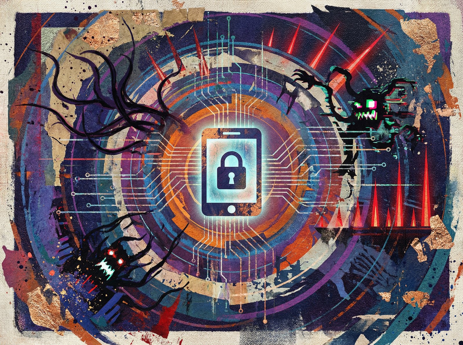 An abstract illustration representing complex digital security challenges in an enterprise, with layers of data and potential threats surrounding a central device icon. Artistic rendering, textured background. No visible text. Aspect ratio 4:3.