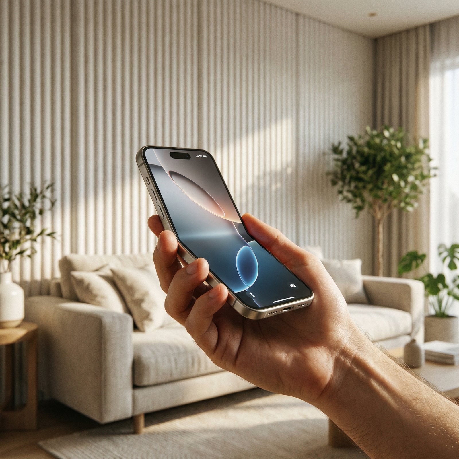 A person holding a sleek, minimalist foldable iPhone mockup in their hand, half-folded, showing its unique compact form factor. The background is a modern, light-filled living room with a textured wall. Lifestyle photography, warm lighting, natural setting, no visible text, aspect ratio 1:1.