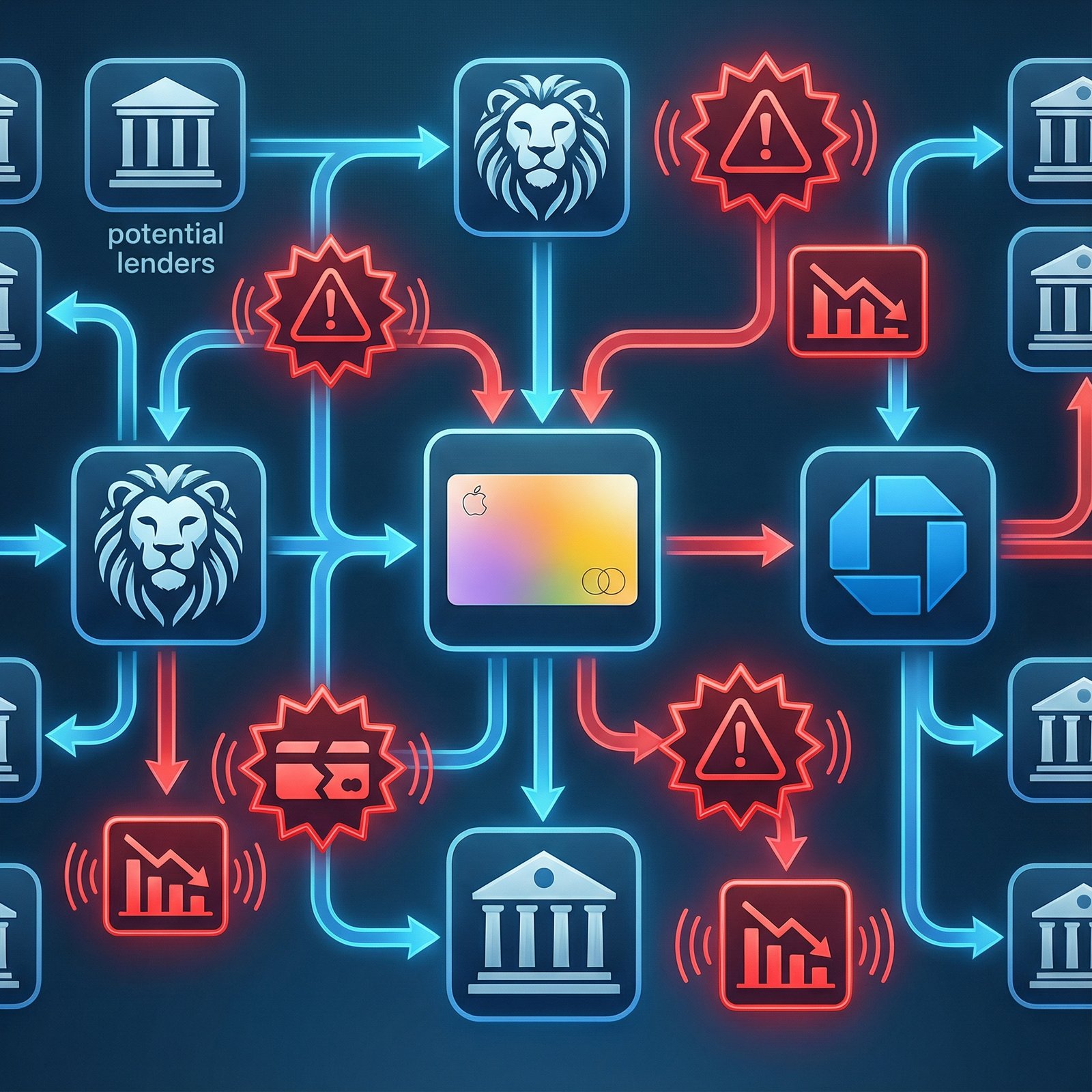 A complex flowchart showing arrows between Goldman Sachs, Apple Card, JPMorgan Chase, and other potential lenders. Highlight challenges like 'Subprime Customers' and 'High Delinquency Rate' in red. Aspect ratio 1:1, no visible text.