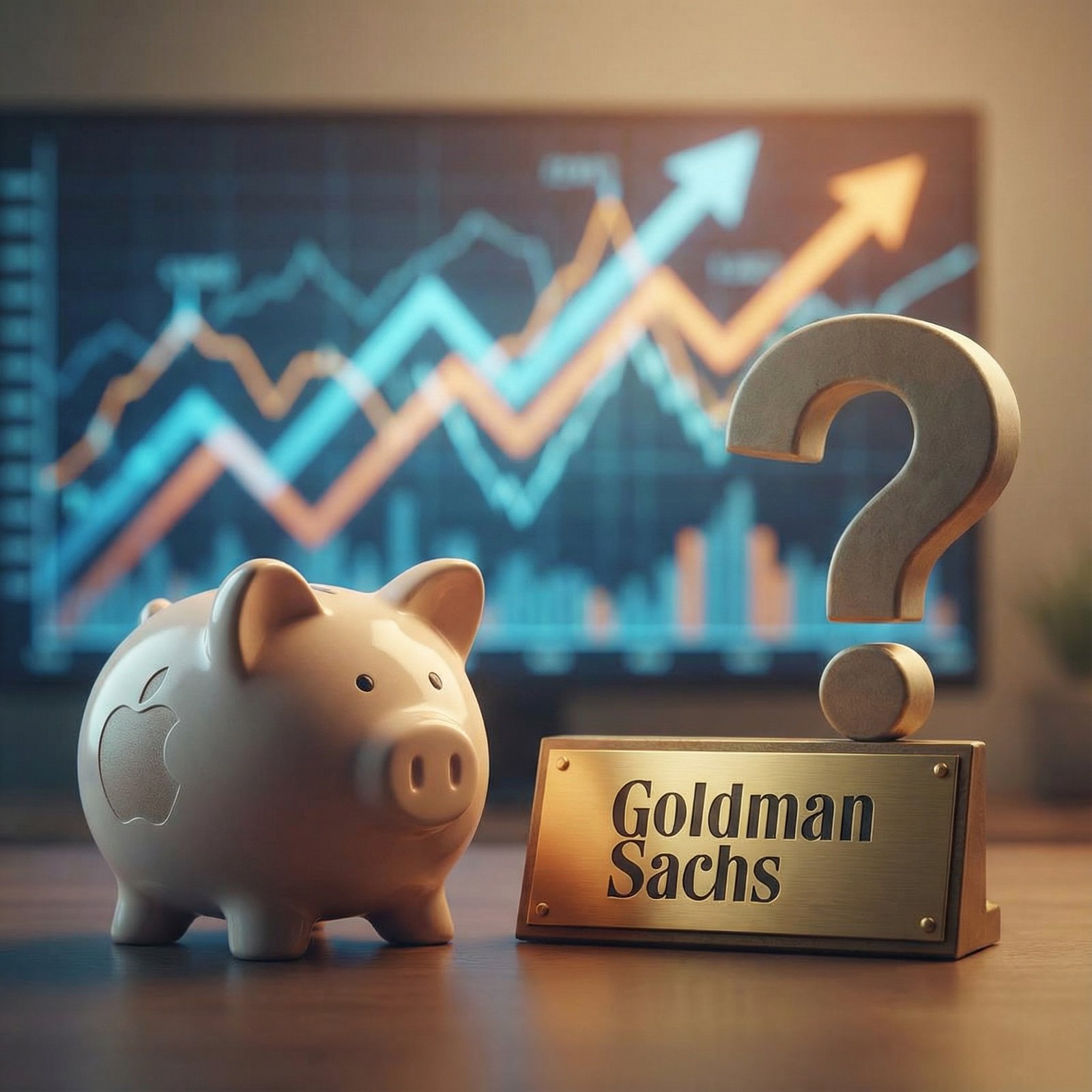 A piggy bank with an Apple logo, next to a Goldman Sachs logo and a question mark. The background is a financial chart. Aspect ratio 1:1, no visible text.