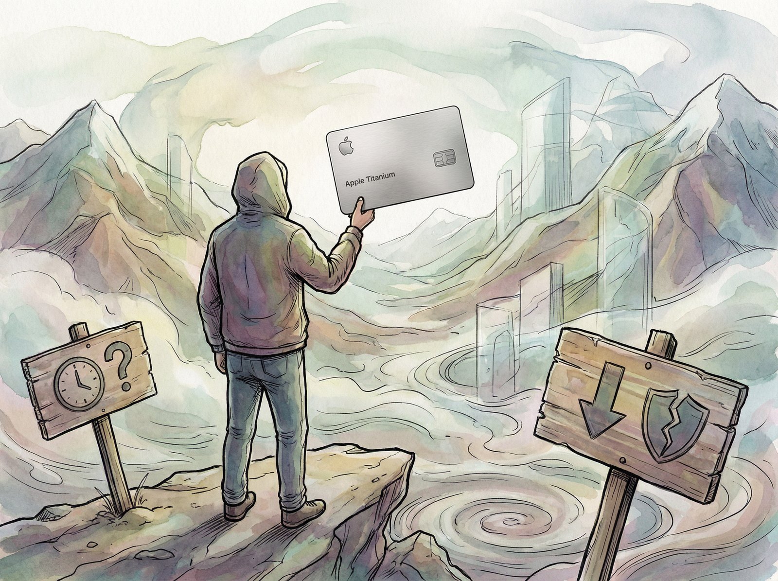 A person holding an Apple Card, looking at a shifting landscape with signs like 'Late Fees?' and 'Reduced Benefits'. The style is illustrative, showing uncertainty and change. Aspect ratio 4:3, no visible text.