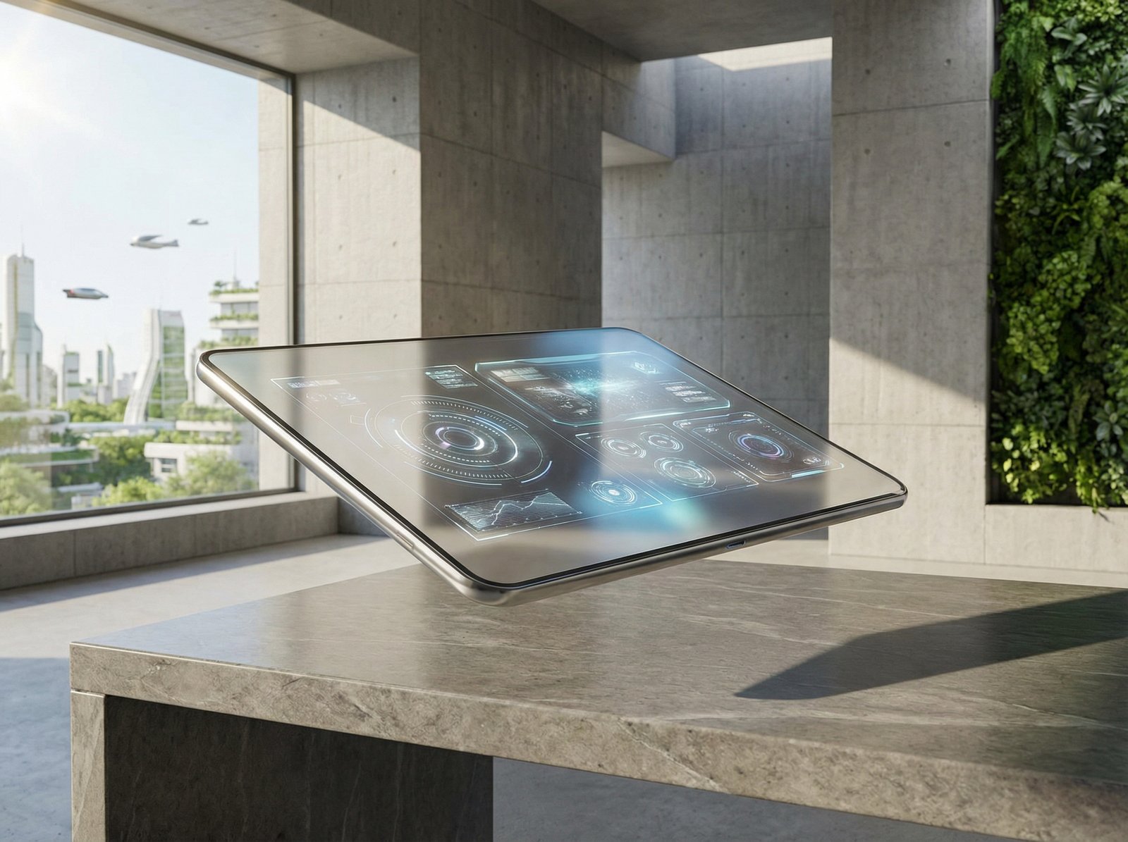 A futuristic tablet design in a modern, clean setting, reflecting new technology and innovation, with a focus on sleek lines and advanced features. Aspect ratio 4:3, no visible text.