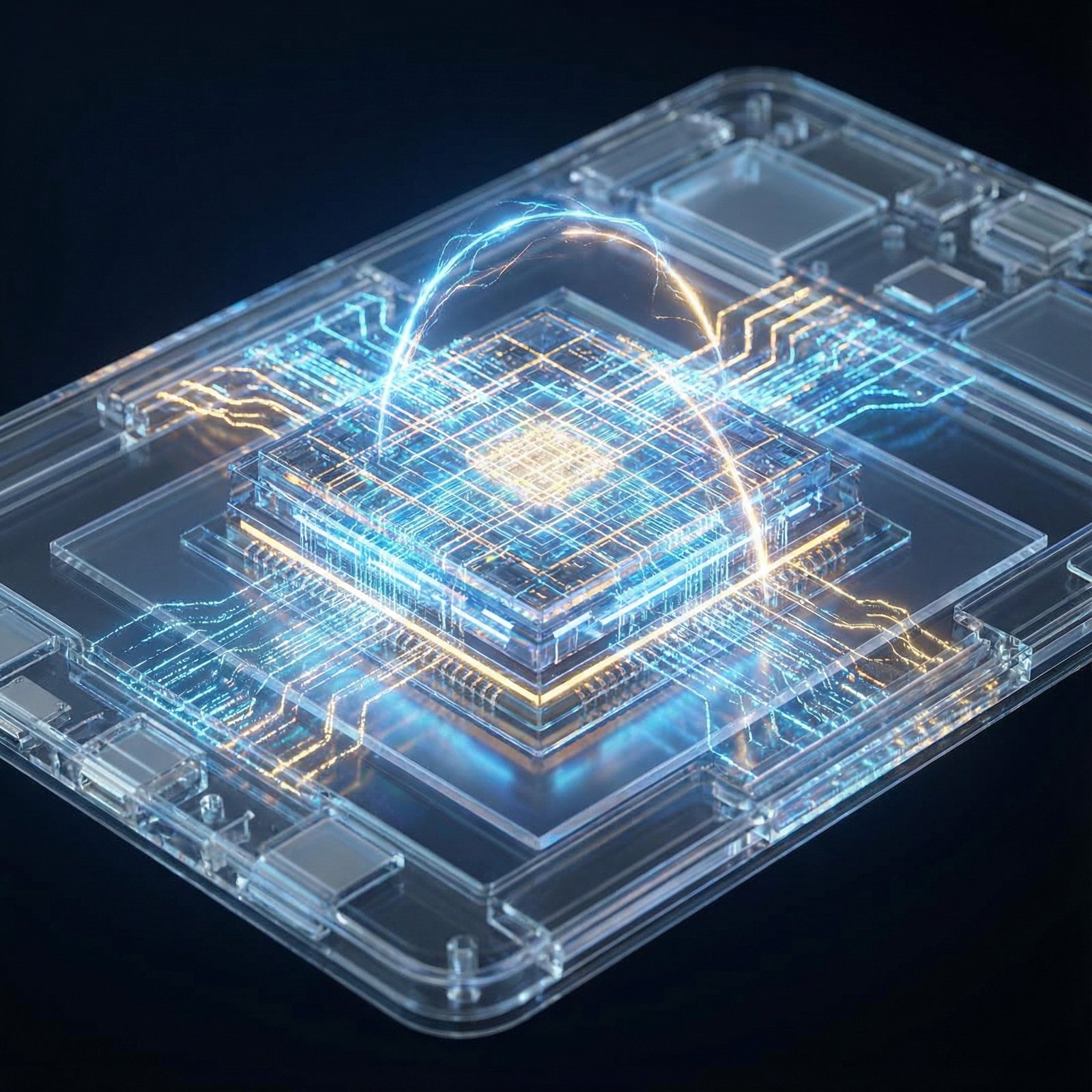 A sleek, modern chip or processor inside a tablet, showing advanced technology and performance. Emphasize speed and efficiency. Aspect ratio 1:1, no visible text.