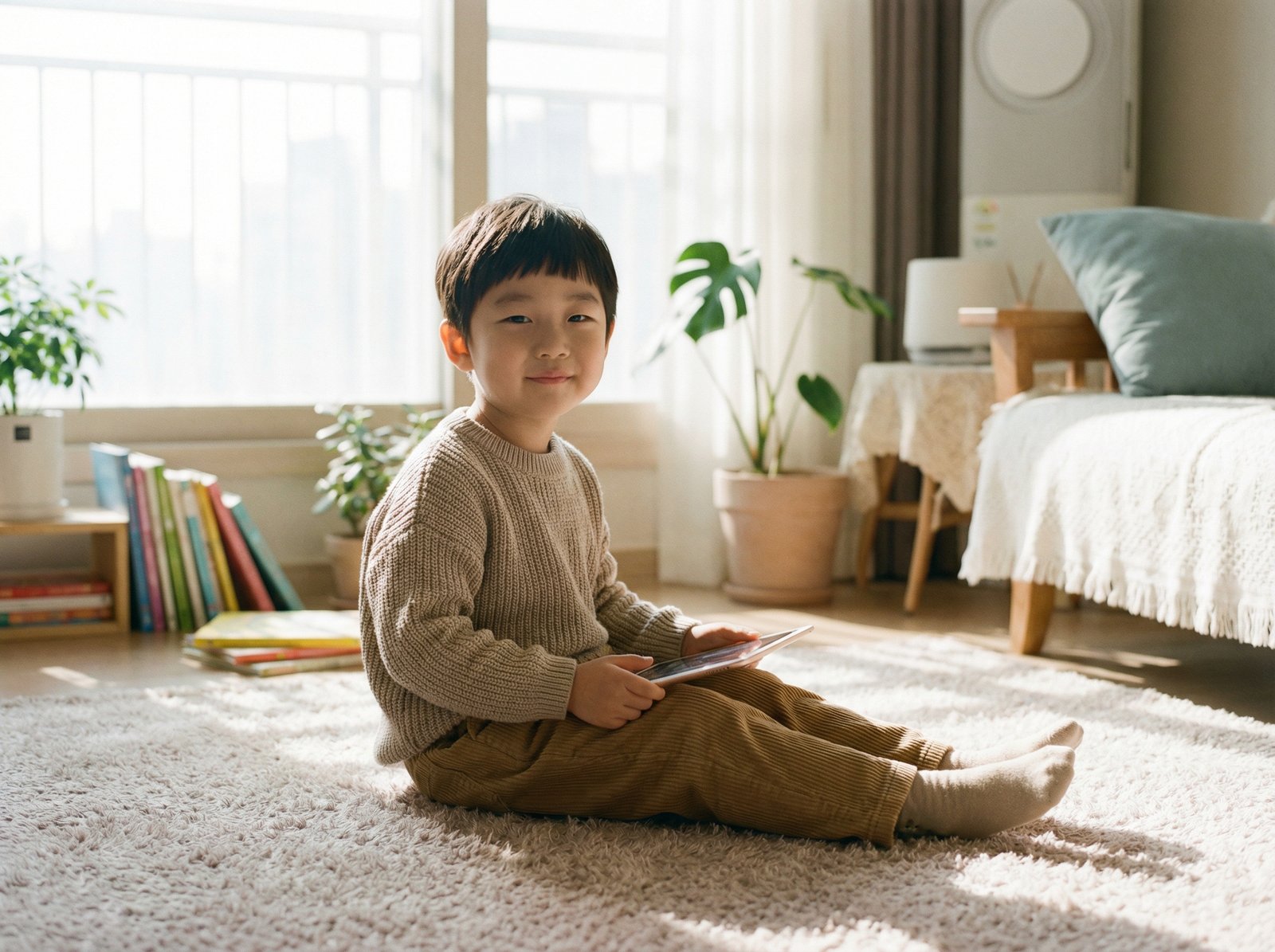 A happy Korean child, around 4-6 years old, sitting comfortably and calmly interacting with a tablet. The setting is a cozy, brightly lit living room with soft natural light. The child is focused but relaxed, with a gentle smile. Soft, warm lighting. Aspect ratio 4:3. No visible text.