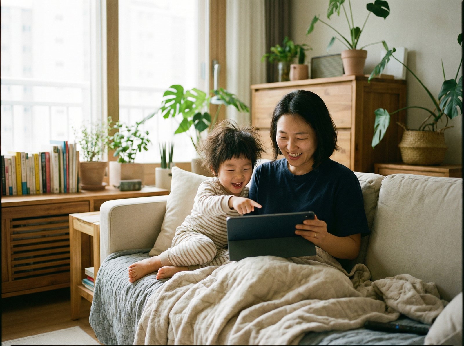 A Korean mother and her child (3-5 years old) sitting together, both smiling and looking at a tablet. The child is pointing at the screen with curiosity. The setting is a warm, inviting home environment. Natural, soft lighting. Aspect ratio 4:3. No visible text.