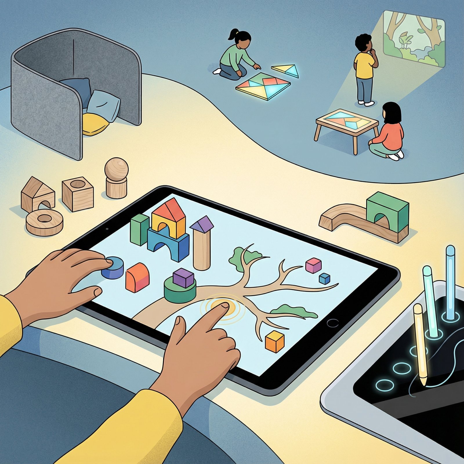 An illustration depicting Montessori educational principles applied to a digital play space. Features elements like child-led exploration, creative building blocks, and sensory-friendly design. The style is clean, modern, and high contrast, with a gradient or textured background. Aspect ratio 1:1. No visible text.