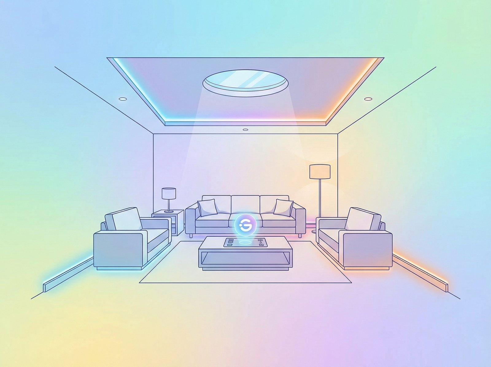 A futuristic living room bathed in soft, smart lighting from ceiling, floor, and sky lights, with a Govee logo subtly integrated. Modern, clean infographic style, 4:3 aspect ratio, no visible text, colored gradient background, bright balanced lighting, centered focus.