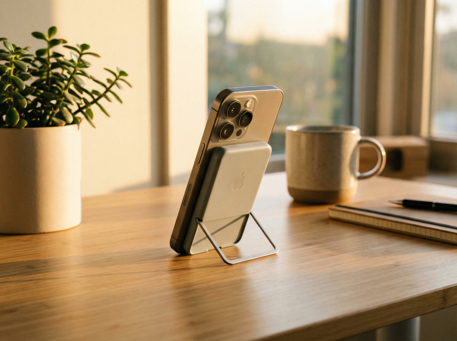 A slim magnetic power bank attached to an iPhone, with the built-in kickstand deployed, allowing the phone to stand upright. The setting is a clean desk. Lifestyle photography, warm lighting, natural setting. 4:3 aspect ratio, no visible text.