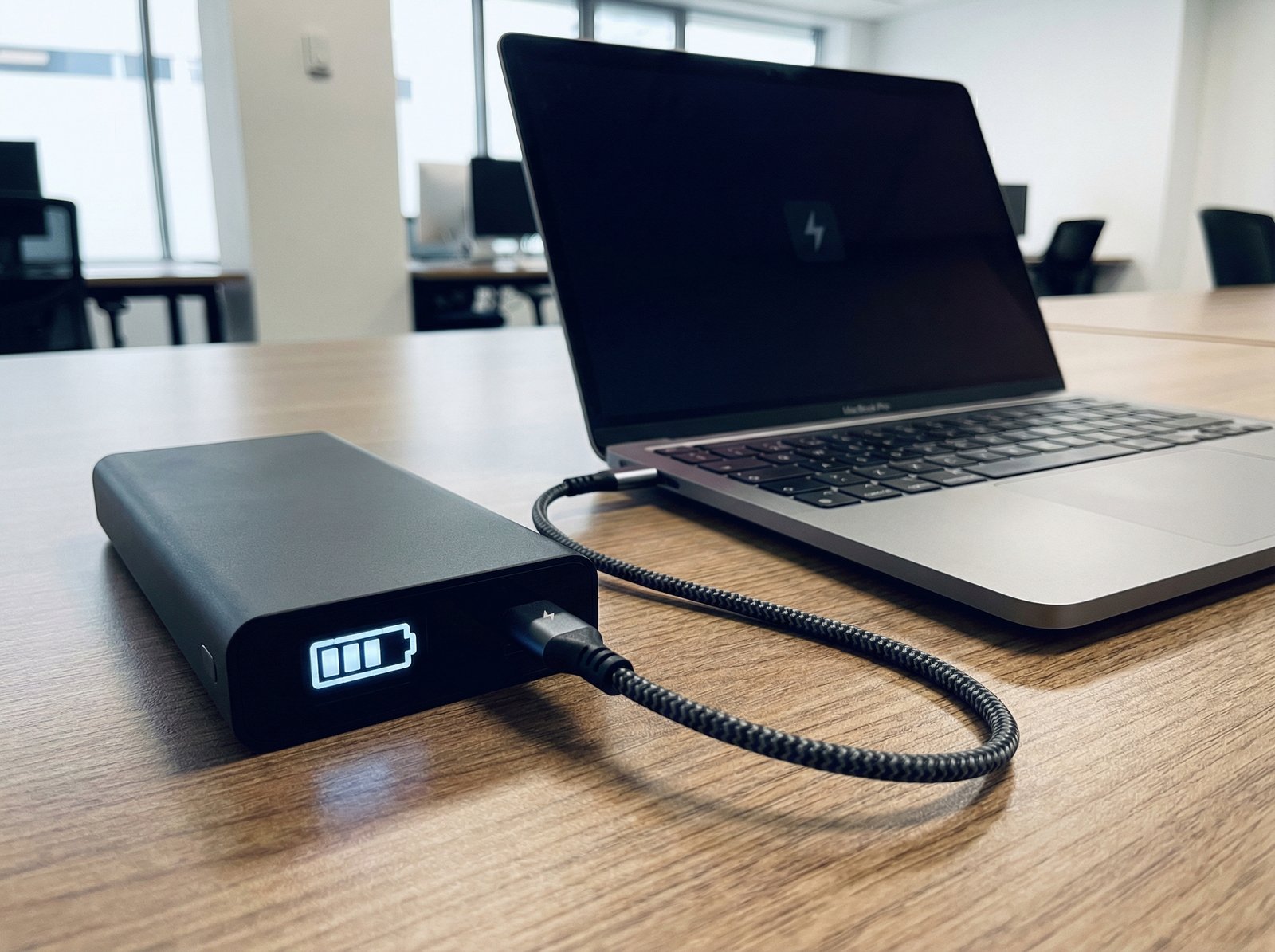 A powerful 27,000 mAh laptop power bank connected to a MacBook Pro via an integrated USB-C cable, showing fast charging. The power bank has a smart battery display. Modern office environment. Informational style, high contrast. 4:3 aspect ratio, no visible text.