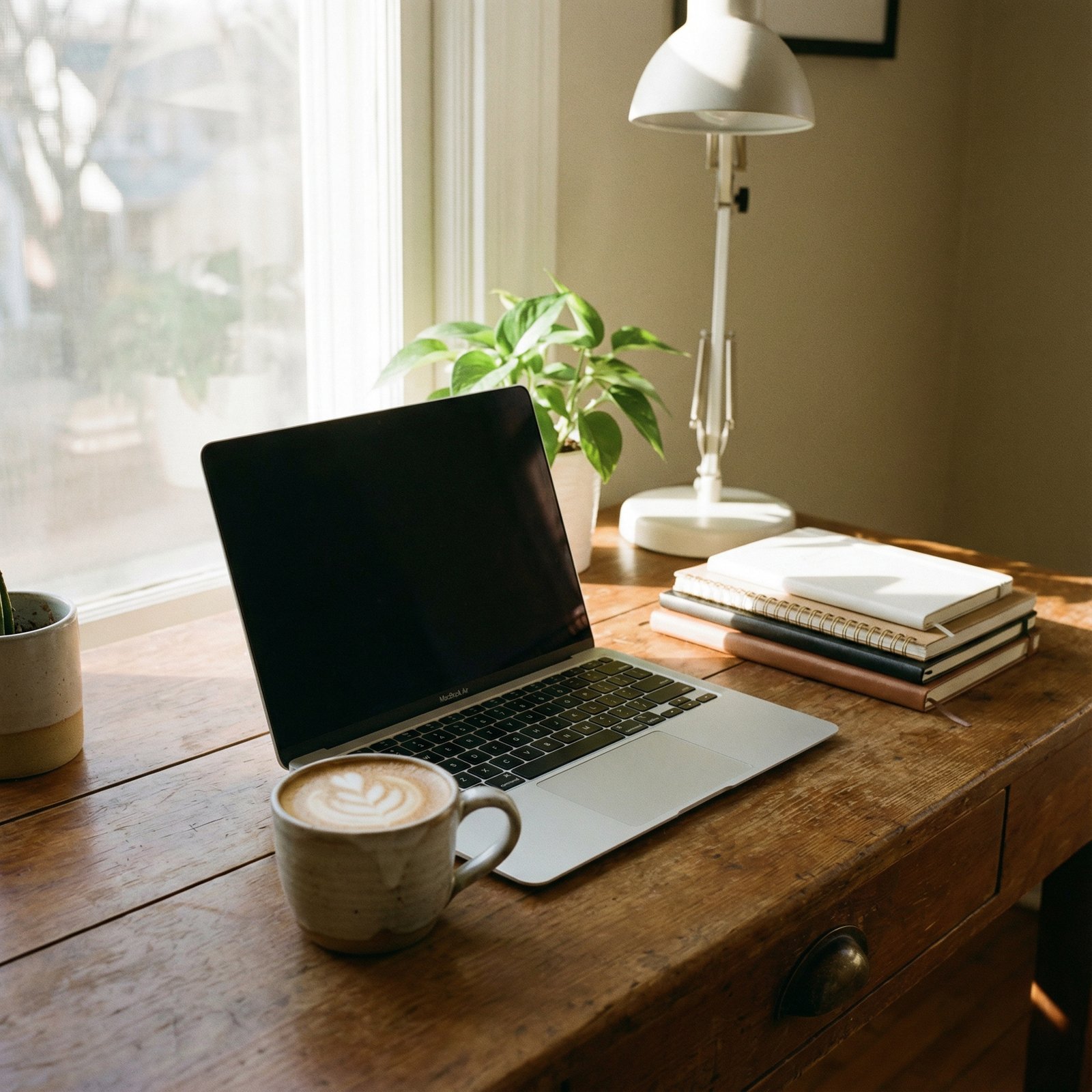 A cozy and aesthetic wooden desk featuring a silver MacBook Air and a latte in a ceramic mug. Soft morning sunlight streaming through a window. Minimalist student workspace environment. 1:1 aspect ratio. No text.