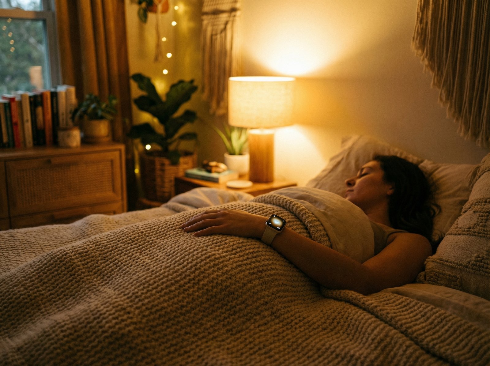 A person sleeping peacefully in a cozy bedroom, wearing an Apple Watch on their wrist. Warm and dim lighting, focused on the watch and the calm atmosphere, lifestyle photography, 4:3, no text
