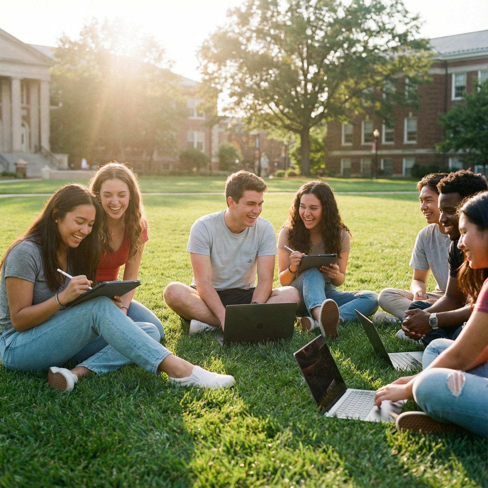 A group of diverse college students sitting on a green campus lawn using iPads with Apple Pencils and MacBooks. Vibrant and bright daytime lighting. Natural lifestyle photography. 1:1 aspect ratio. No text.