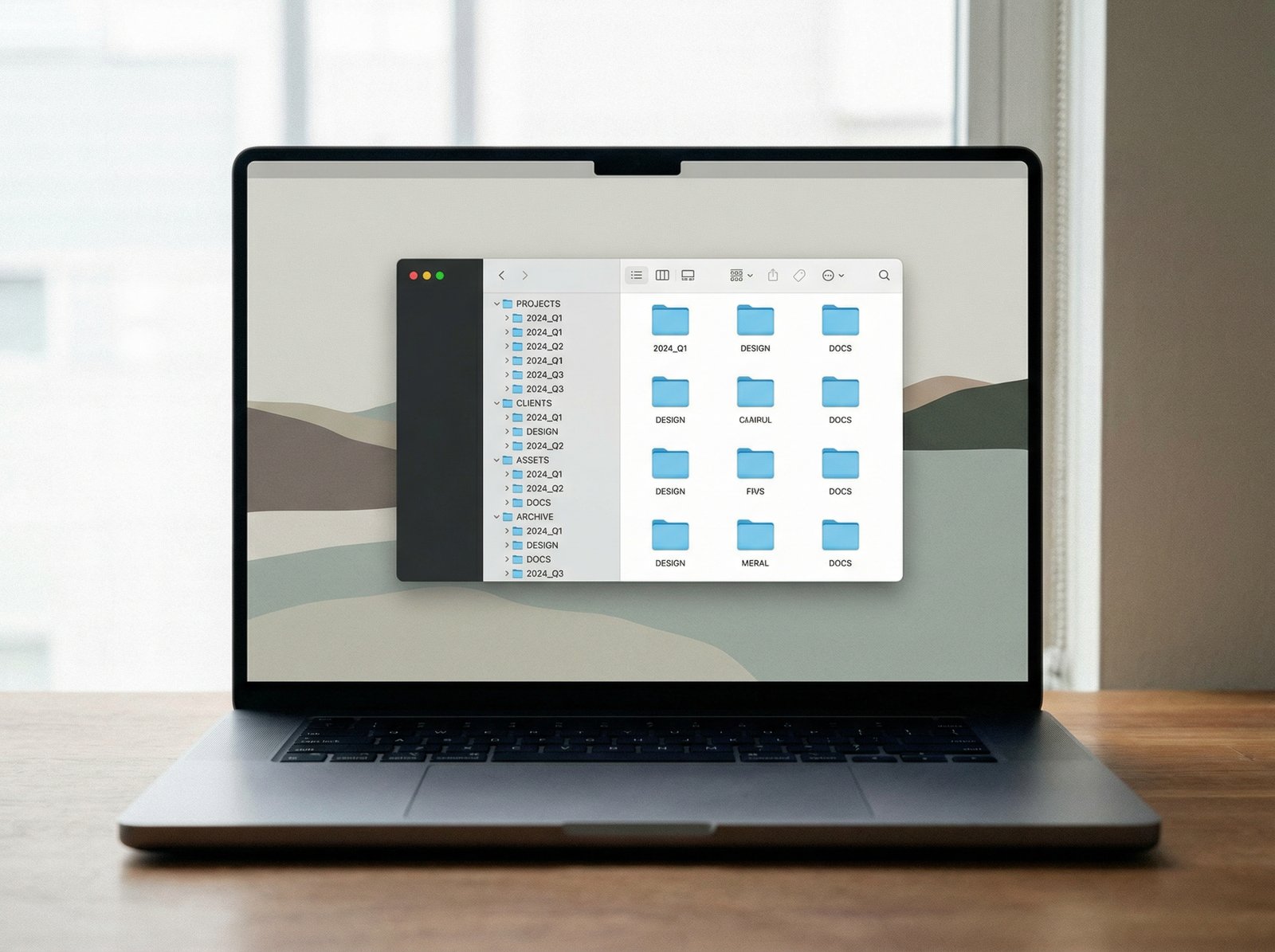 A MacBook screen displaying a very organized folder structure in Finder. Minimalist desktop wallpaper, clean UI, focus on productivity and digital organization, professional lighting, 4:3, no text