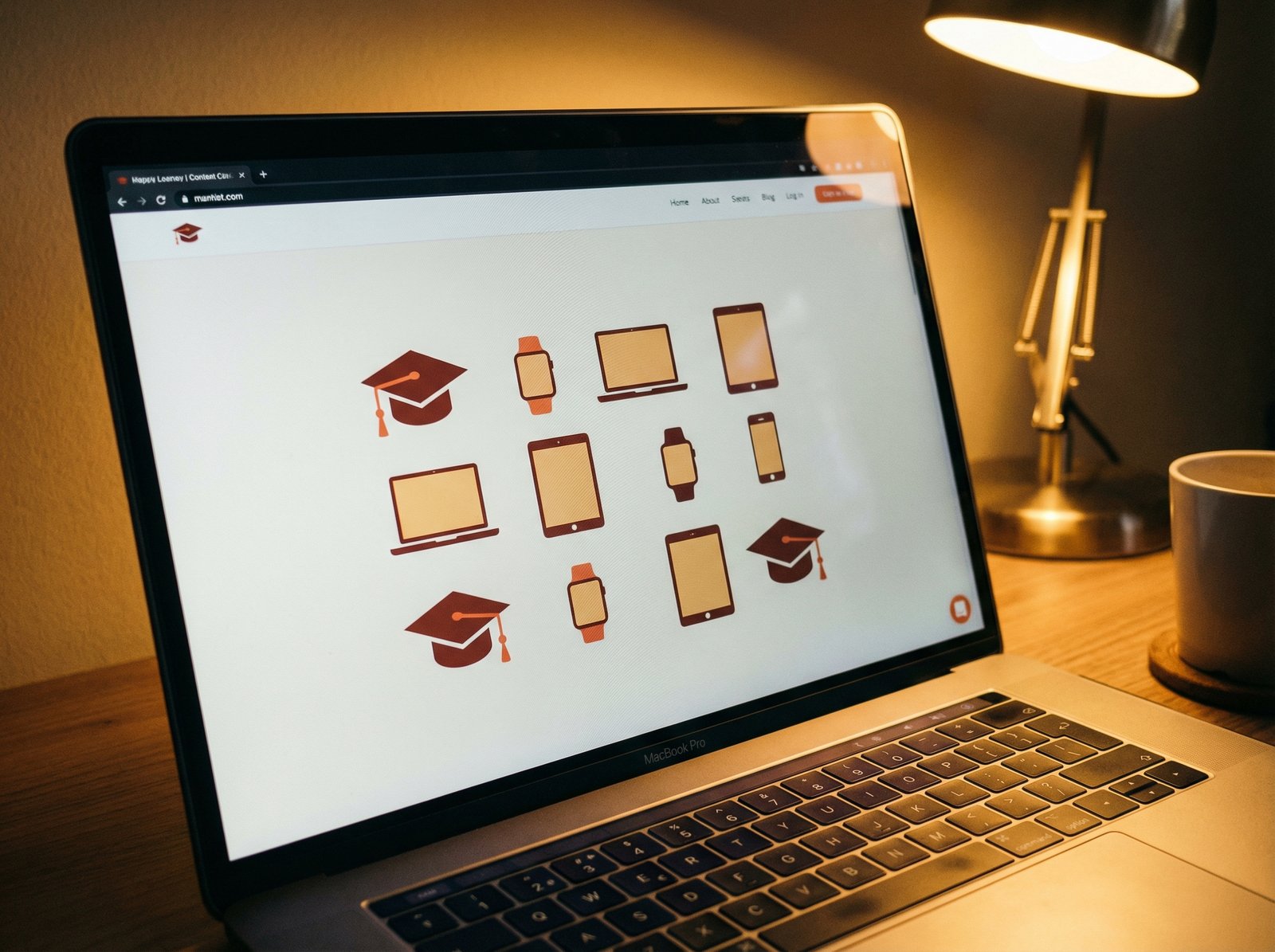 Close up of a laptop screen displaying a clean website with graphic symbols of graduation caps and electronic devices. Warm indoor lighting. Detailed composition. 4:3 aspect ratio. No text.