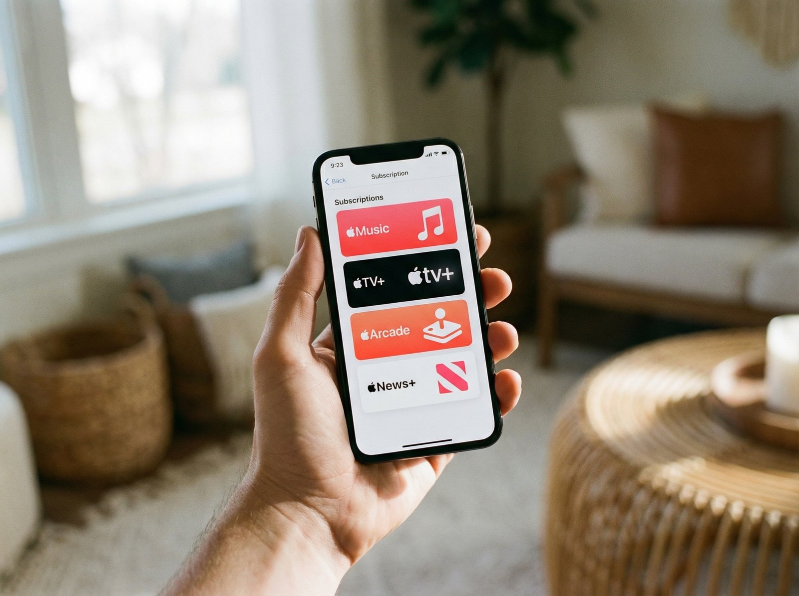 Close up of a person's hand holding an iPhone, showing the subscription settings page. Natural indoor lighting, focus on the screen, clean and modern aesthetic, lifestyle shot, 4:3, no text
